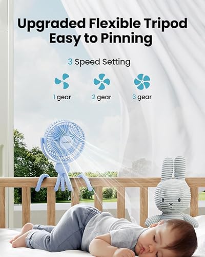Miniatura 3 de Gaiatop Mini ventilador portátil para cochecito, funciona con pilas, pequeño clip, desmontable de 3 velocidades recargable, rotación de 360, trípode