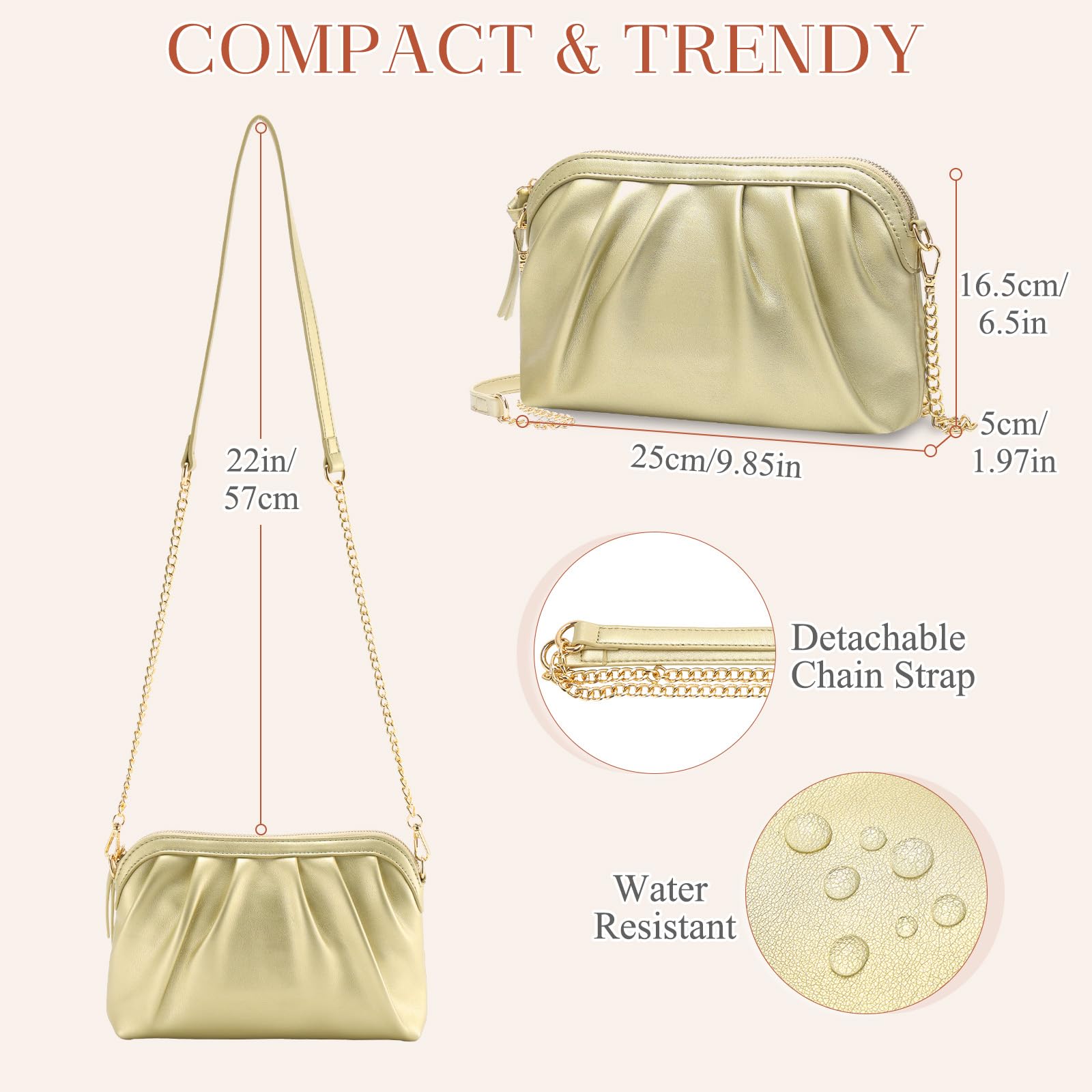 VASCHY Pochettes et Clutches Femme, Élégant Plissé Pochette Mariage en Cuir PU Souple Petit Sac de Soirée Cérémonie Sac Bandoulière Femme avec Chaîne