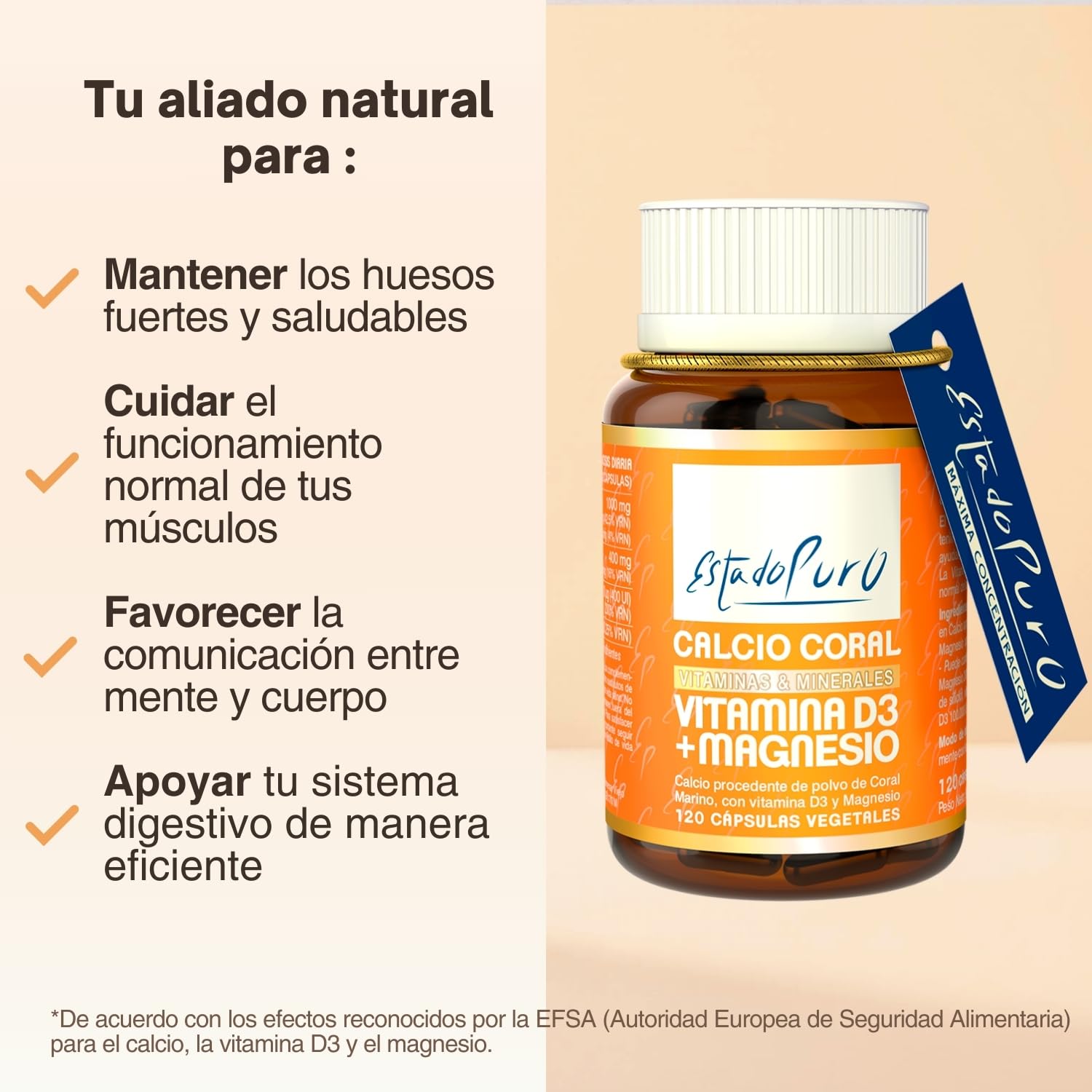 Calcio y Vitamina D Estado Puro | Calcio Coral Marino (1000 mg) + Vitamina D3 (400 UI) + Citrato de Magnesio (400 mg) | Huesos y Articulaciones Fuertes | 120 Cápsulas Vegetales de Tongil