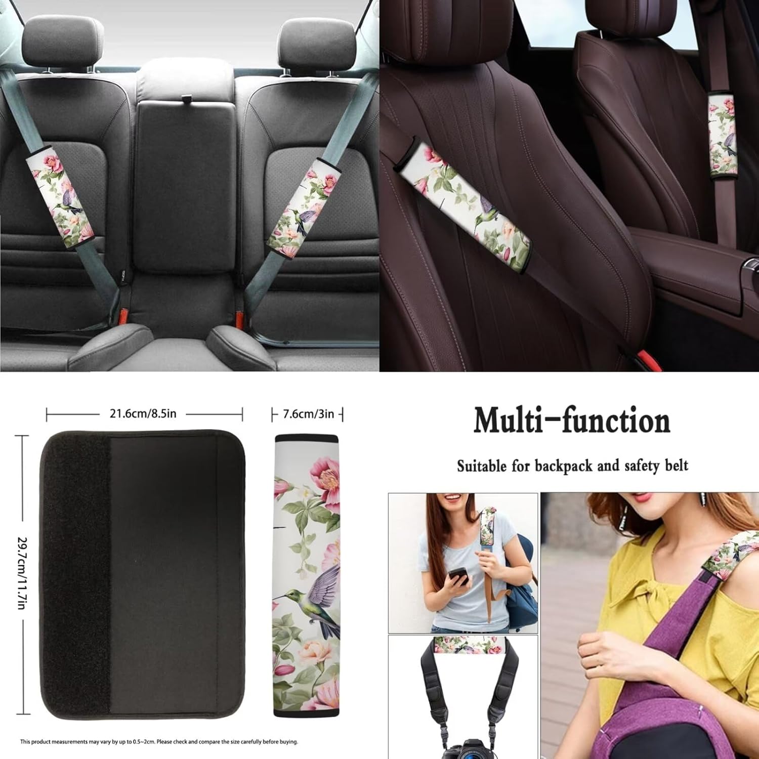 Hummingbird Car Seat Covers 5 Pack Valentines Flower Car Accessory 1 Seat Cover Protector+1 Steering Wheel Wrap+2 Seatbelt Pad Cover Universal Fit SUV Truck Seat Cushion Cover for Front Seat