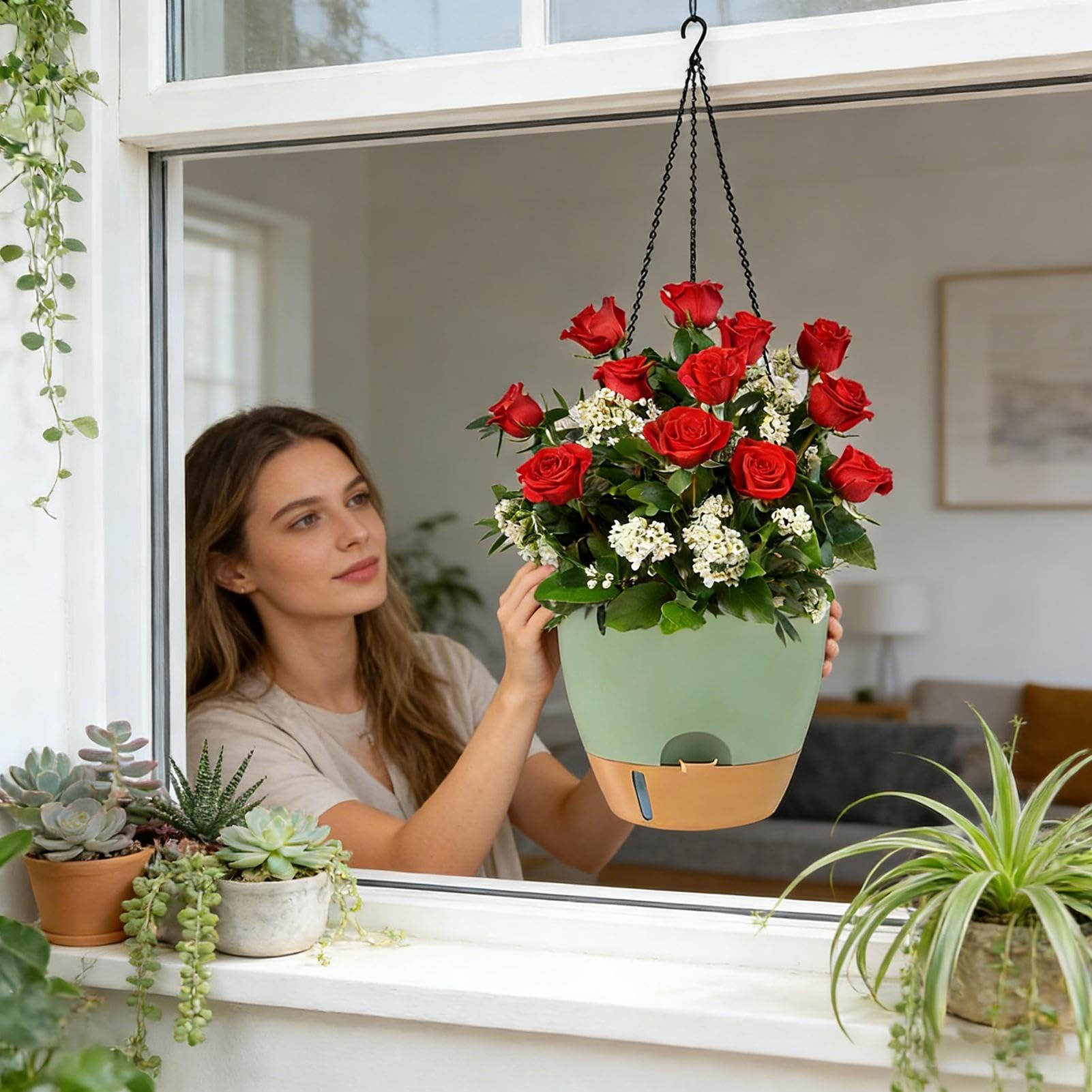 Appendiabiti per piante – Cestino sospeso automatico con serbatoio, set di 2 vasi per fiori per giardinaggio domestico | supporto per piante montato su finestra a parete per design interi
