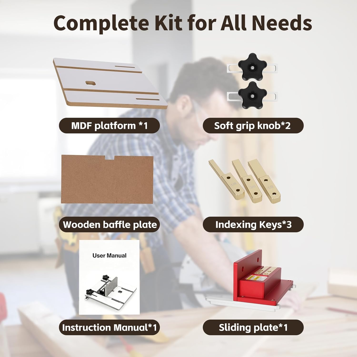wolfwo Router Table Box Joint Jig - 3 Interchangeable Brass Indexing Keys (¼”, ⅜”, ½”) - Low-Friction Melamine MDF Platform-¾” Miter Slot Compatibility for Woodworking