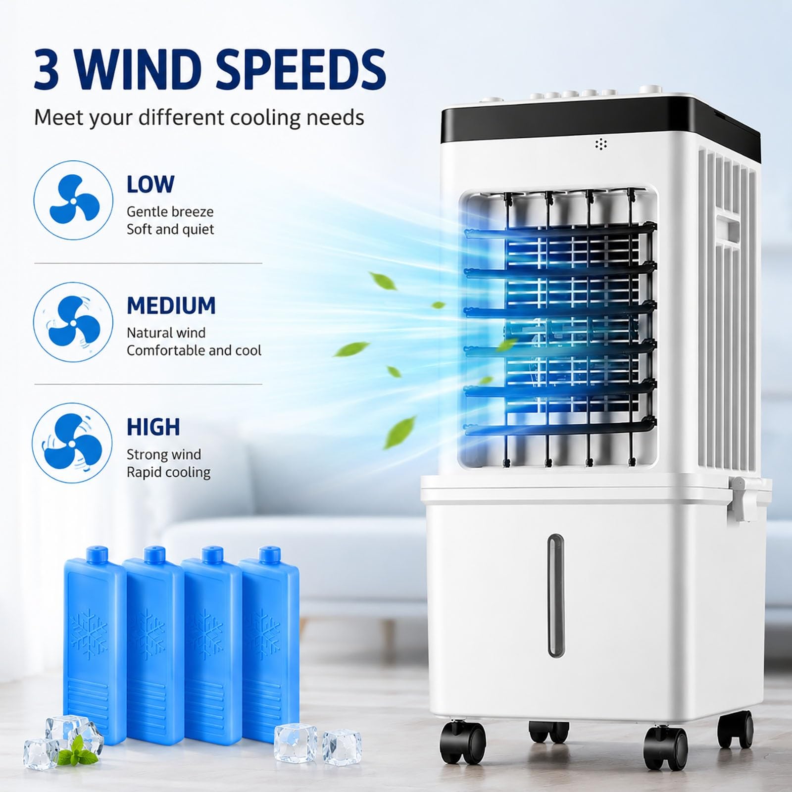 Enfriador de Aire Evaporativo 6L, Ventilador Climatizador Portátil con 4 Acumuladores de Frío, 3 Velocidades, Oscilación 120°, Silencioso para Hogar y Oficina