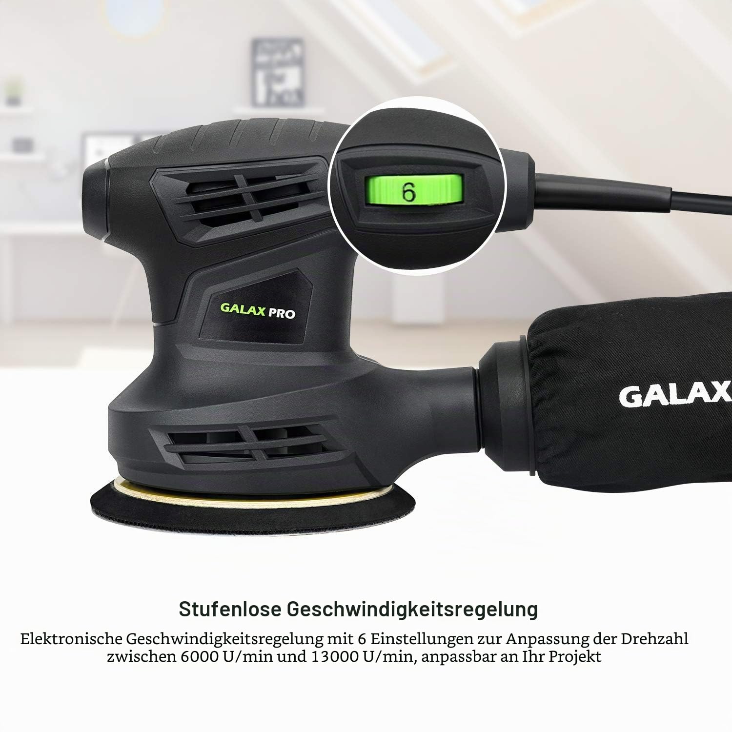GALAX PRO Exzenterschleifer 280W, 13000 OPM Zufalls-Orbitalschleifer | 125mm Schleifmaschine, mit 6 variablen Geschwindigkeiten und 15 Stückchen, staubsaugerkompatibel für Holz- & Schleifarbeiten