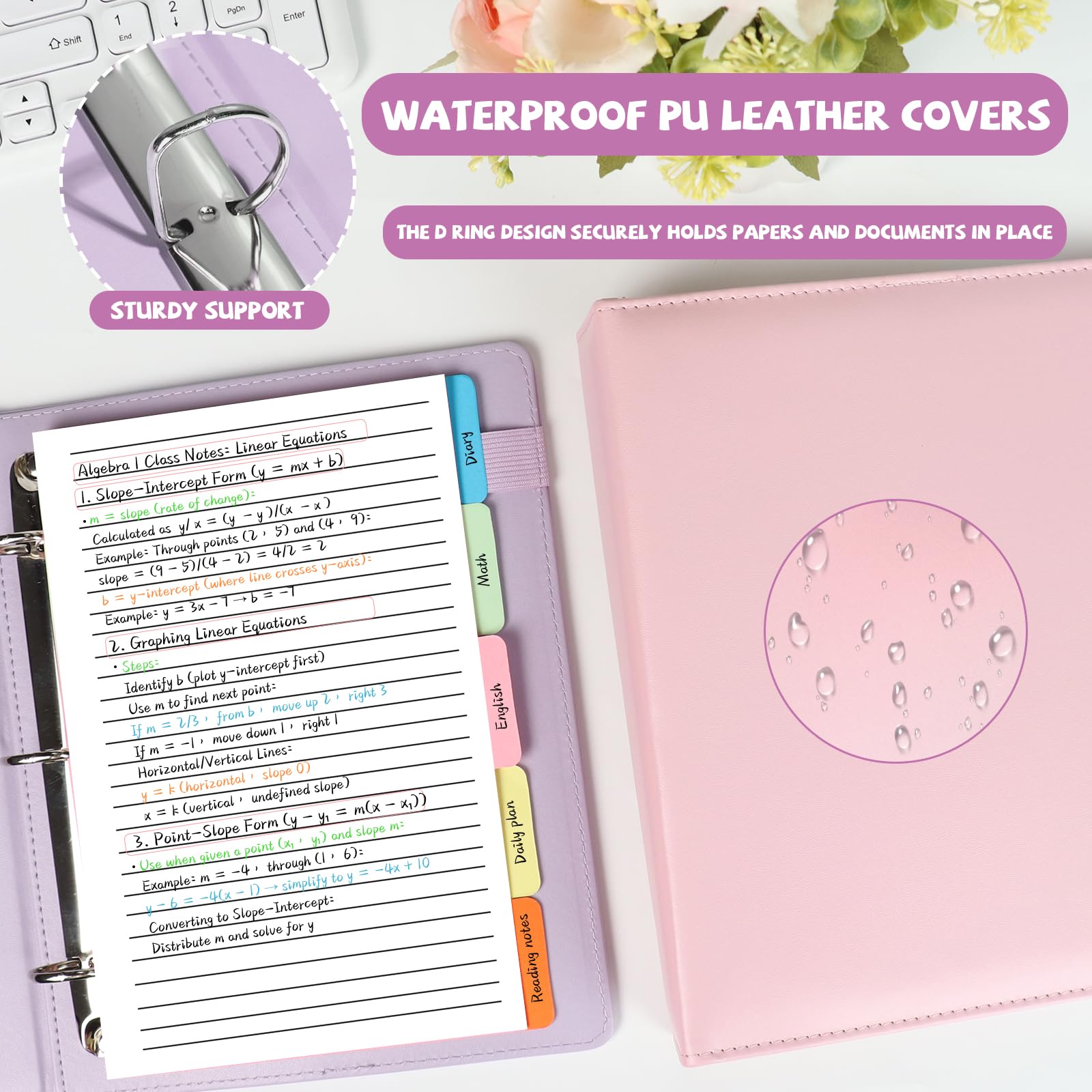 Lot de 2 classeurs à 3 anneaux en cuir synthétique de 14 cm x 21,6 cm, anneaux en D de 5 cm avec intercalaires de 5 couleurs, peut contenir jusqu'à 500 feuilles avec poche à boucle pour stylo pour