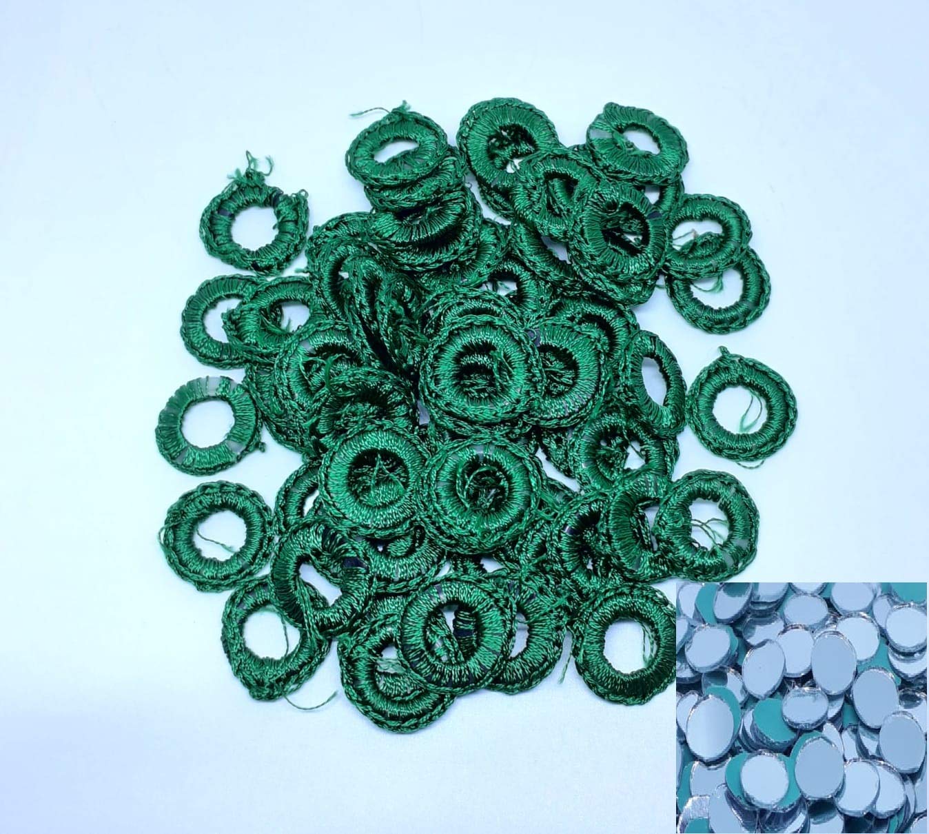 GenericCrafteez Small Mirror Frames & Mirrors for Embroidery Works,Used in CHURIDHAR,Blouses,DHUPPATTA,SIZE-8mm Inner,1.7cm Outer,Color Green (Pack of 50 Pcs Frame& 50 Mirror)