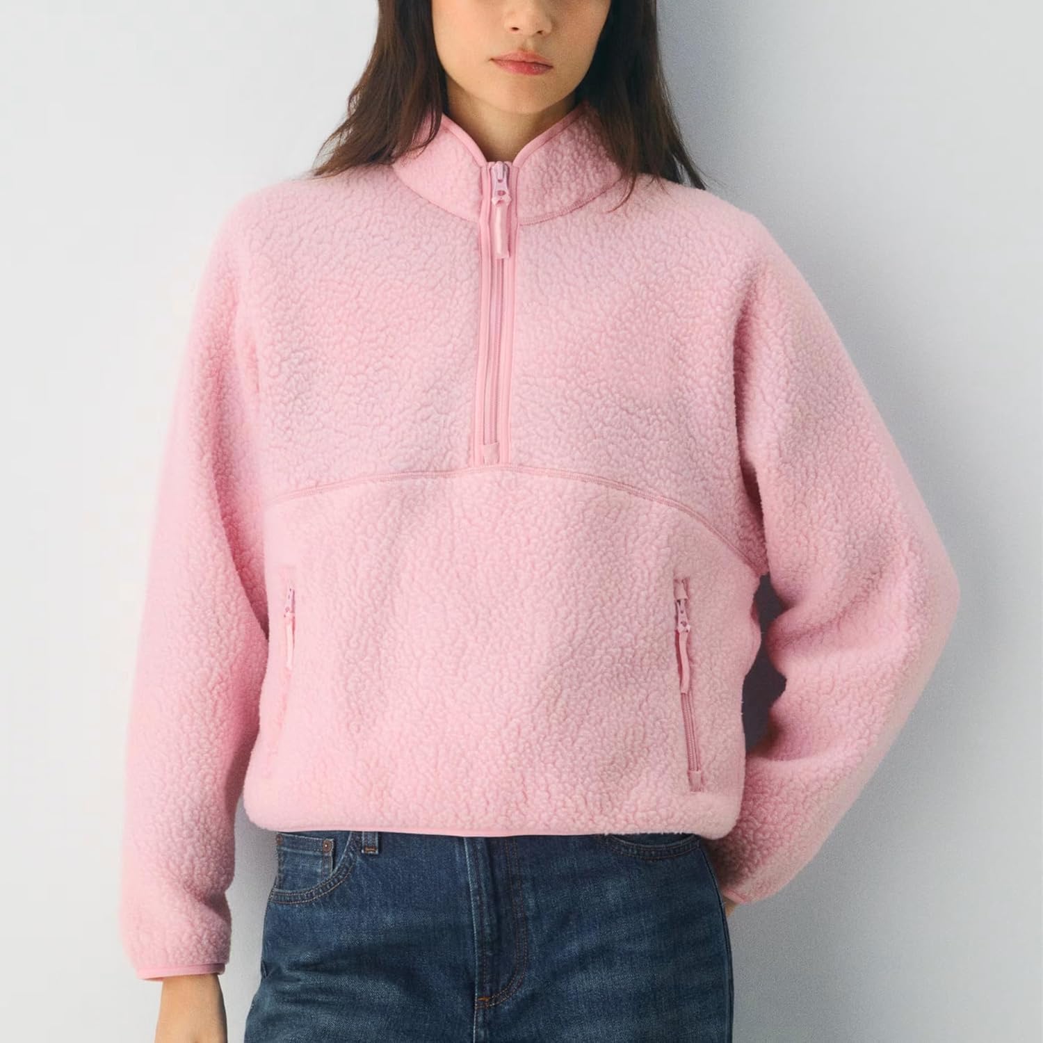 Fleece Sweatshirts for Women Cropped Long Sleeve Half Zip Pullover Sherpa Jacket Warm Fuzzy Coats with Pockets