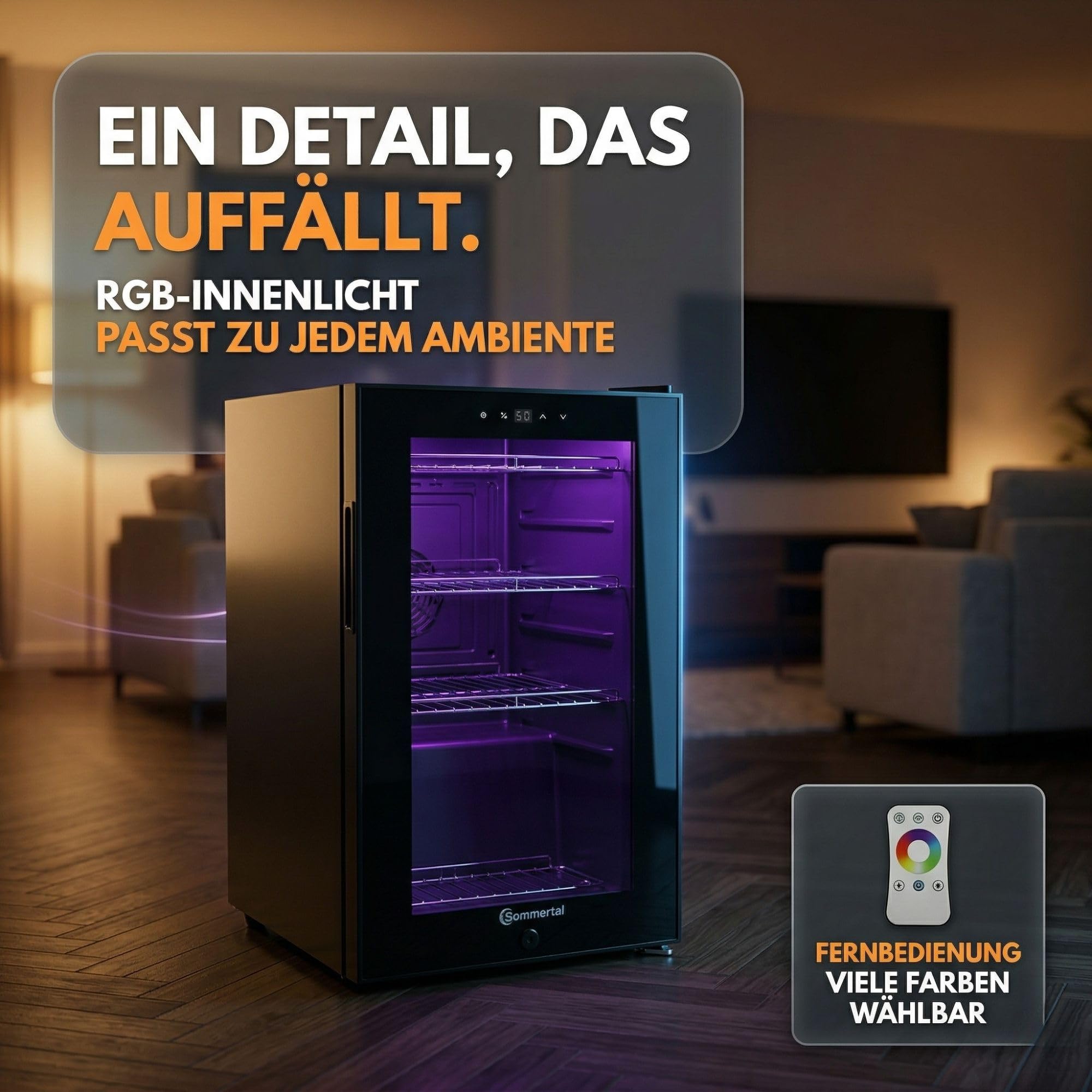 Sommertal GK50 Kühlschrank mit Glastür 50L Leiser Getränkekühlschrank RGB LED Touchscreen Schloss Schwarz