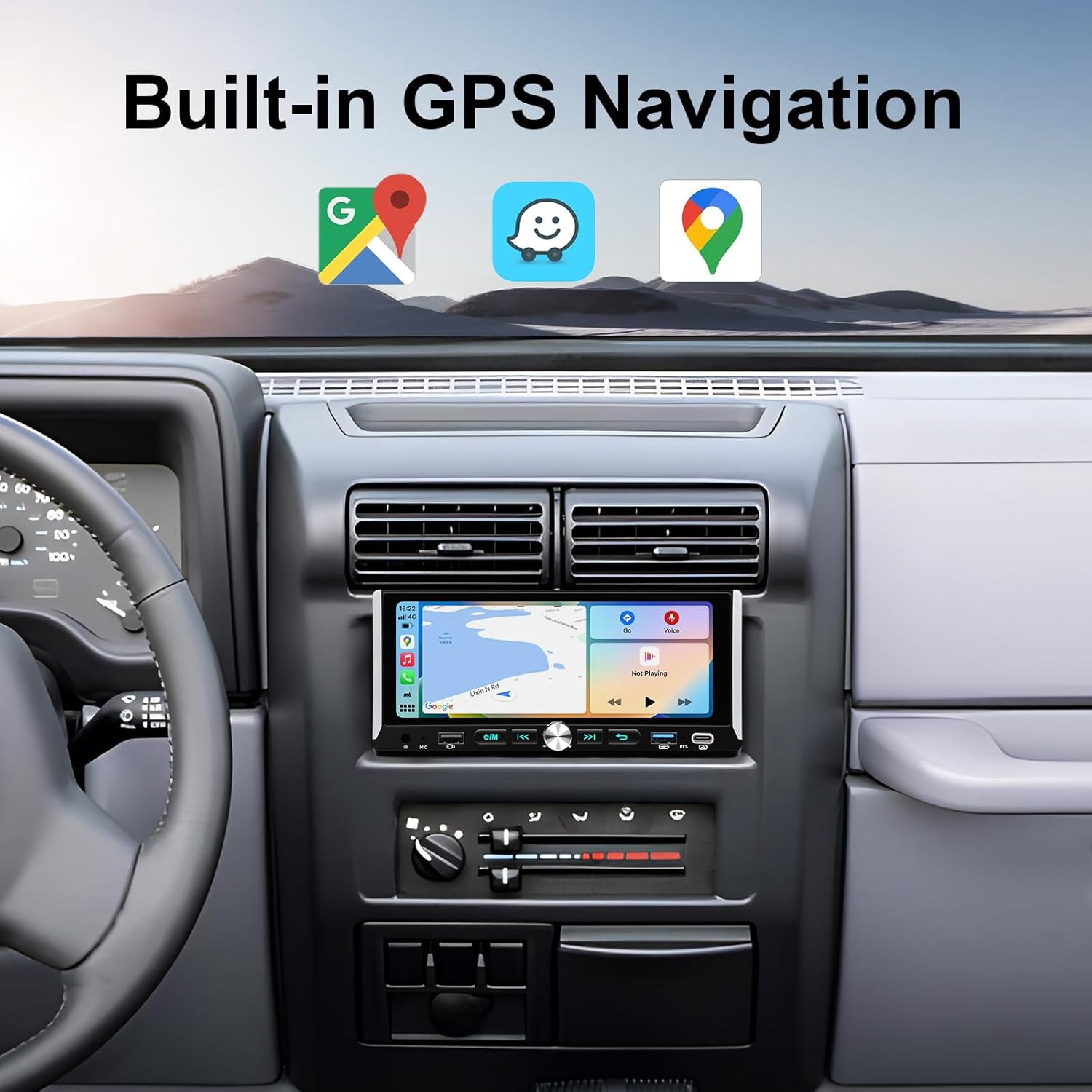 Car stereo displaying a map application, with icons for Google Maps, Waze, and another map service above the screen.