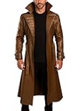 Mens Halloween Costume Cosplay Lapel Collar Style Brown Leather Trench Coat