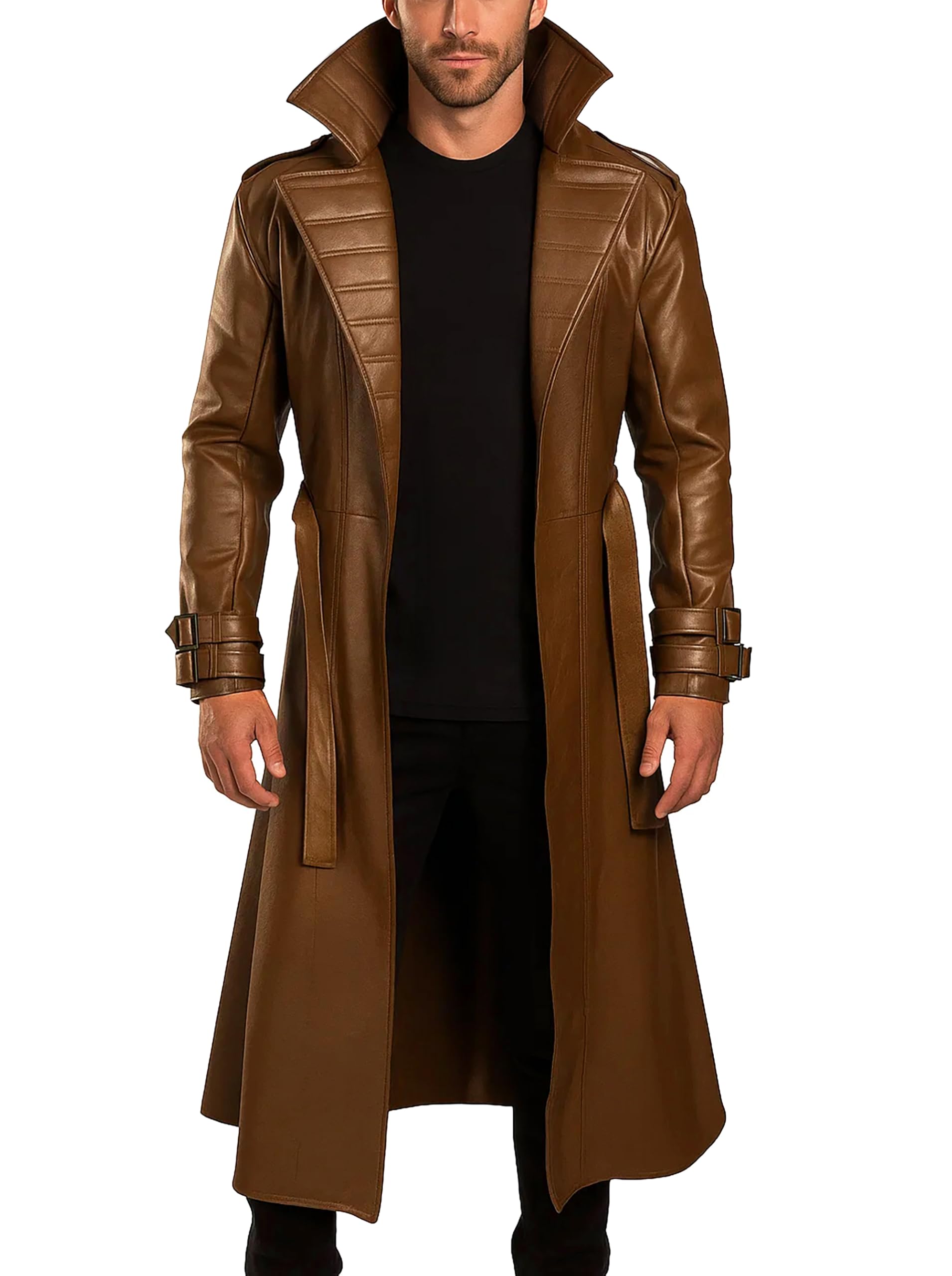 Mens Halloween Cosplay Costume Brown Trench Coat Long Length Lapel Collar