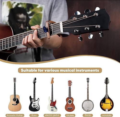 Miniatura 6 de Cejilla de guitarra, cejilla de metal de zinc 3 en 1 para guitarras acústicas y eléctricas (con soporte para púas y 4 púas), ukelele, mandolina,
