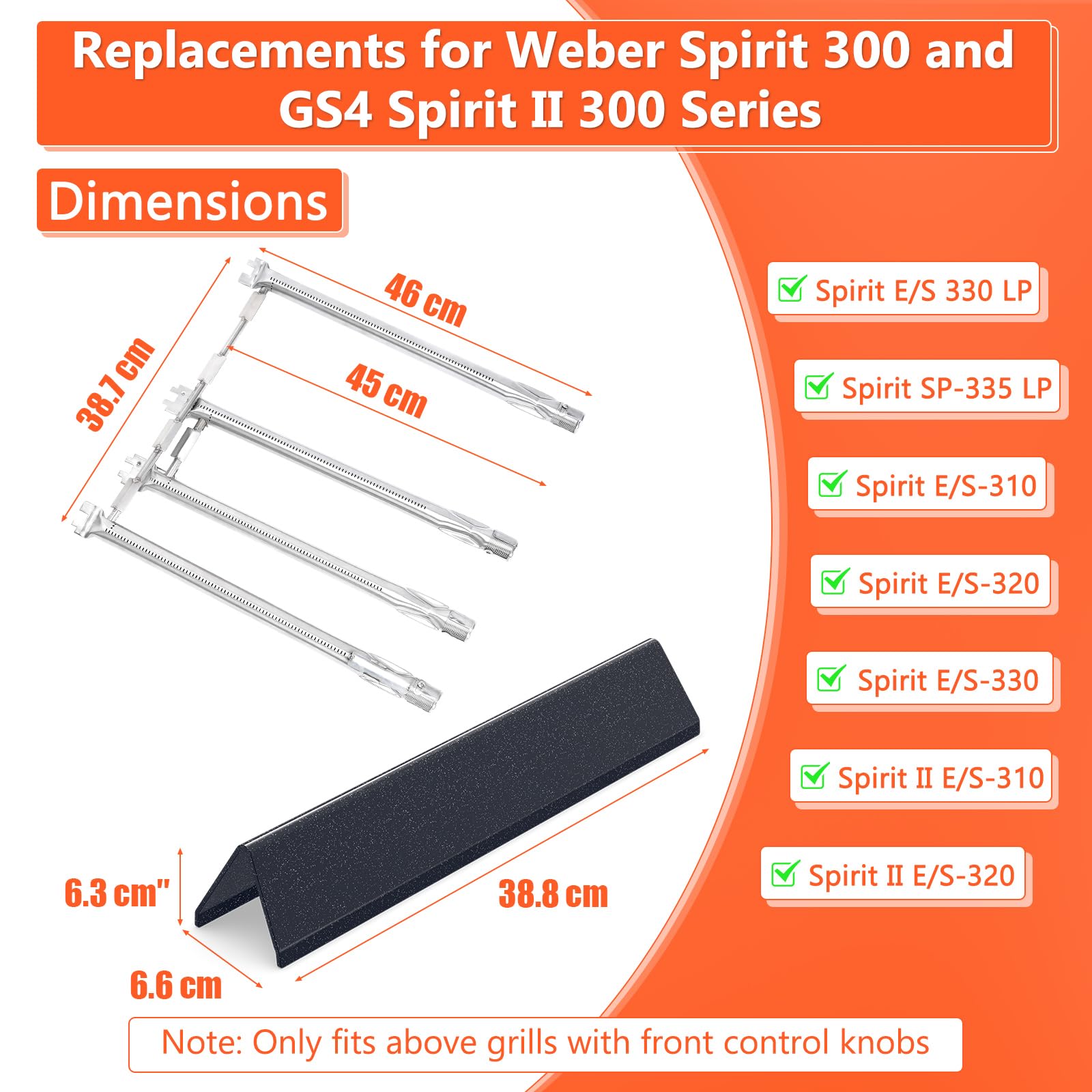 GFTIME Palnik ze stali nierdzewnej 45,3 cm i 38,9 cm zestaw prętów Flavorizer do Weber Spirit 310, 320, 330, 335 (2013-Current), Spirit II E-310 S-310 serii (z przednimi gałkami)