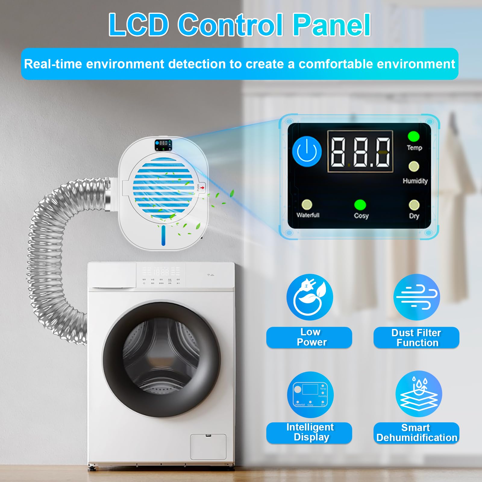 Caja de ventilación de secadora 4 en 1 mejorada con deshumidificador para proteger muebles, kit de ventilación de secadora eléctrica, trampa de pelusa, pantalla inteligente de temperatura y 5