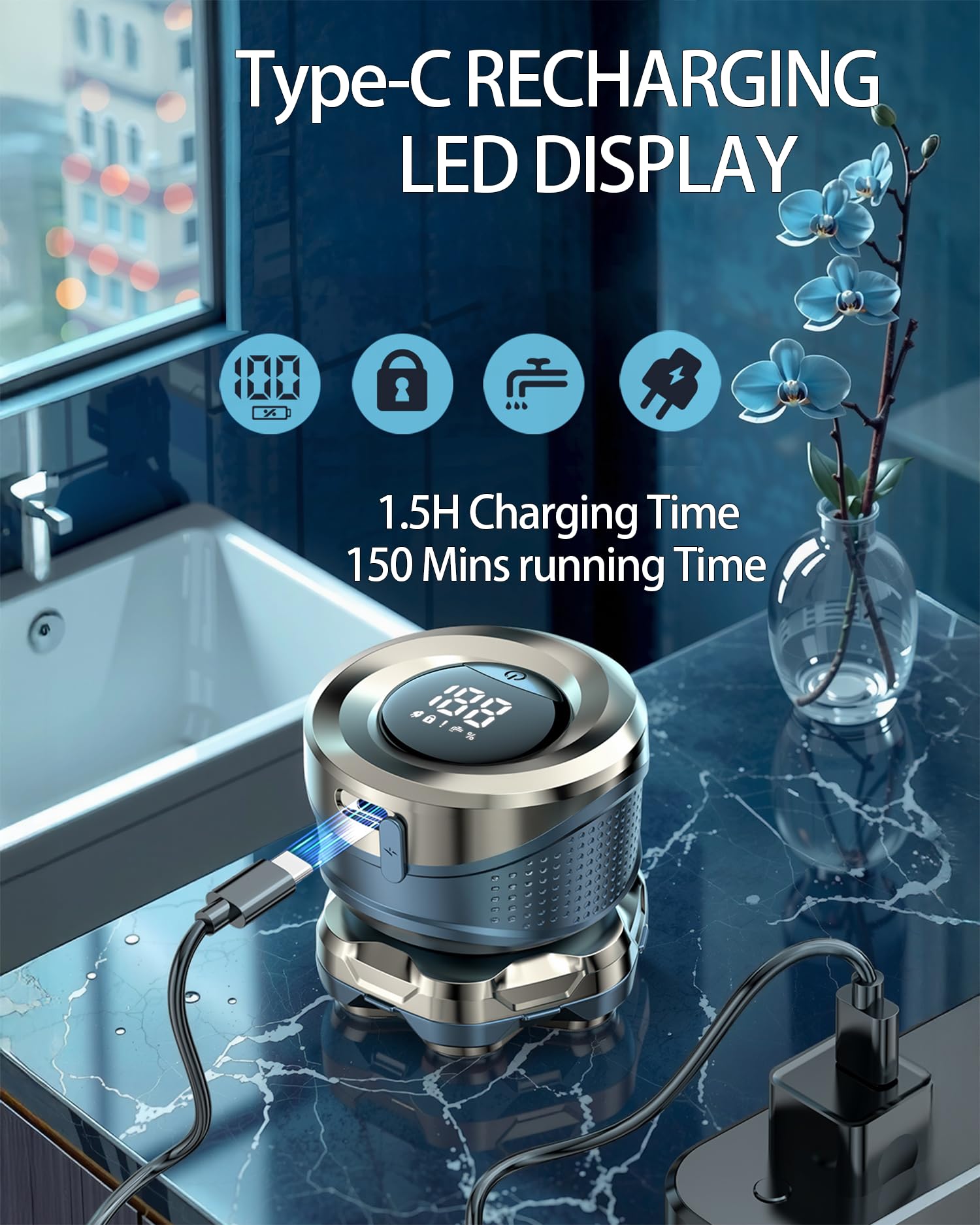Rasoio elettrico per uomini calvi, impermeabile IPX7, con lame rotanti 7D, display a LED, kit per rasatura a secco e bagnato, per testa calva, corpo, barba, regalo ideale per uomini