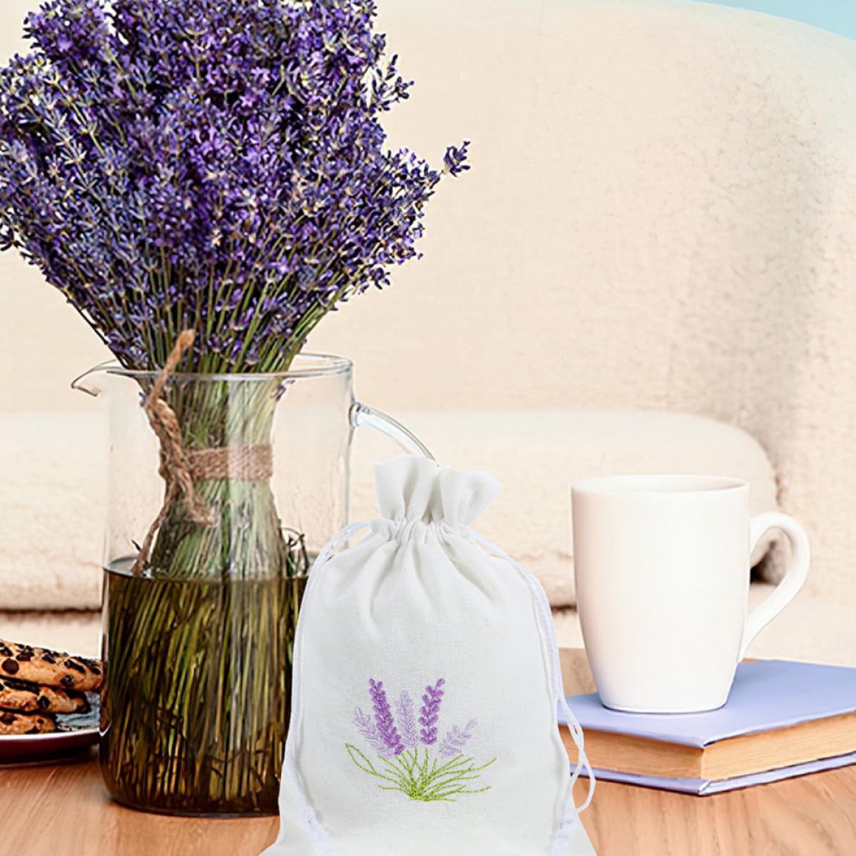 Lavendel Säckchen mit Kordelzug, 20 Stück, Baumwollstoff, 10x14 cm