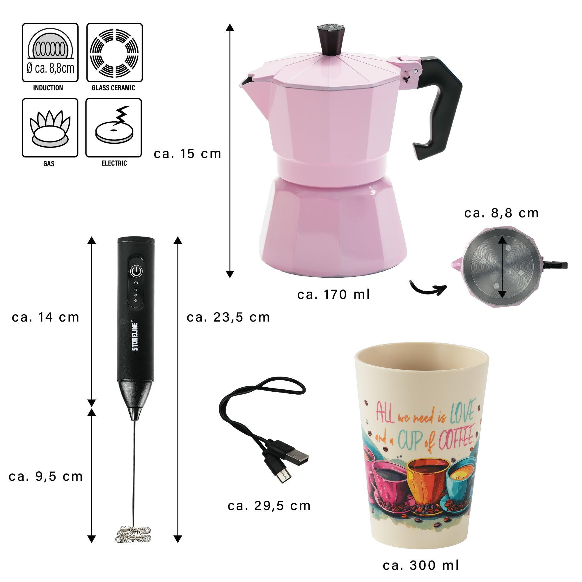 STONELINE Cafetera Italiana Inducción 4 Tazas 170 ml, Cafetera Espresso Moka de Aluminio Fundido, para Todo Tipo de Cocinas incluida Inducción, Juego Café Exprés con Vasos y Espumador, Rosa