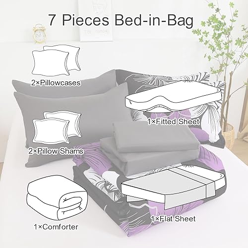 Miniatura 7 de Luxudecor Juego de edredón floral tamaño Queen, 7 piezas de cama en una bolsa, juego de edredón floral morado y sábanas, juegos de cama completos de