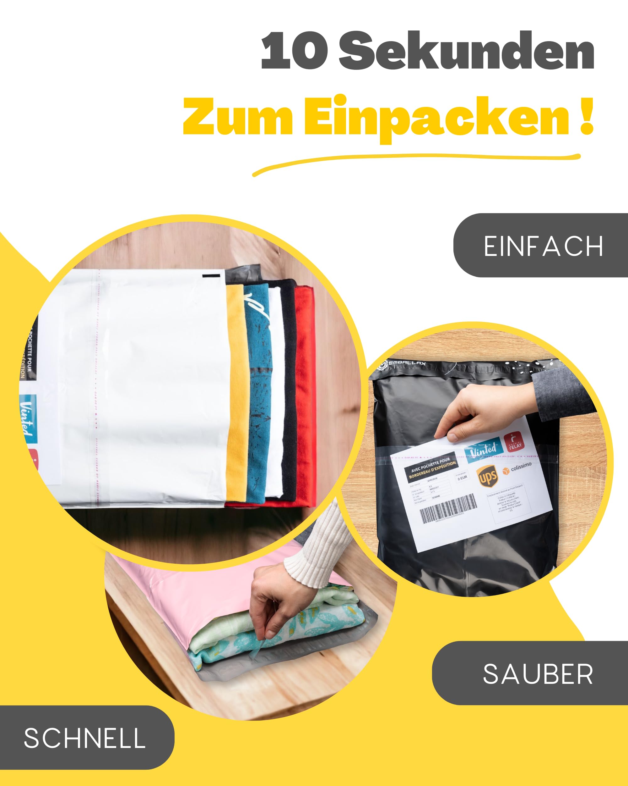 EMBALLAX - 60 Versandtaschen MIT TASCHE FÜR VERSANDETIKETT - 3 Größen M/L/XL - WIDERSTANDSFÄHIG/WASSERDICHT - Versandtüten für Kleidung - Warensendung Umschlag für Kartons - Versandbeutel - Danke