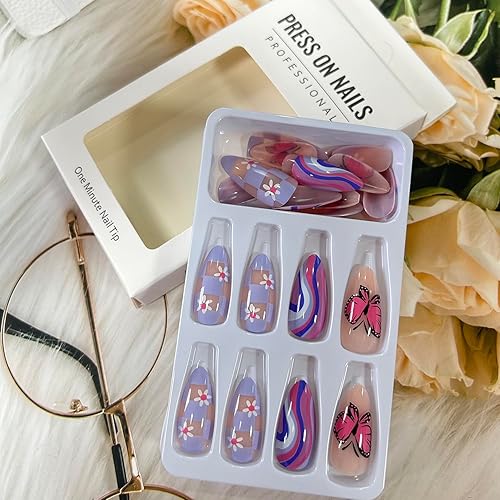 Miniatura 10 de Uñas postizas acrílicas artificiales de almendra media con diseño de estrellas onduladas blancas, cobertura completa, reutilizables, estilo ataúd,