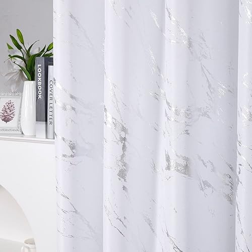 Miniatura 3 de Taisier Home Cortinas texturizadas de lino con estampado de lámina plateada, diseño geométrico de mármol para guardería, tratamiento de ventana de