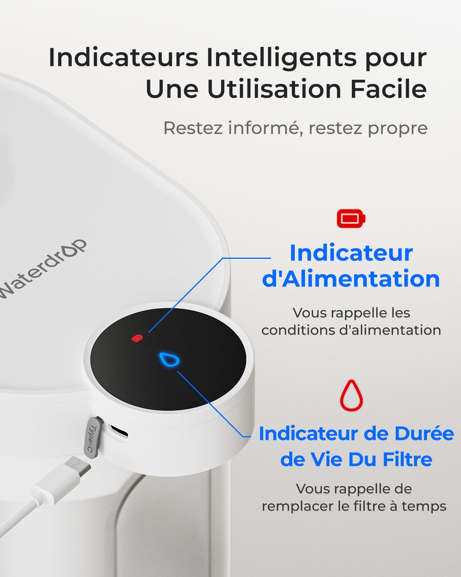 Waterdrop WD-ED11W Rechargeable Adoucisseur Filtre à Eau Distributeur, 3,5L Filtre Anti-Calcaire 3 Mois Sans Installation，Réduit Calcium/Magnésium +70 Polluants