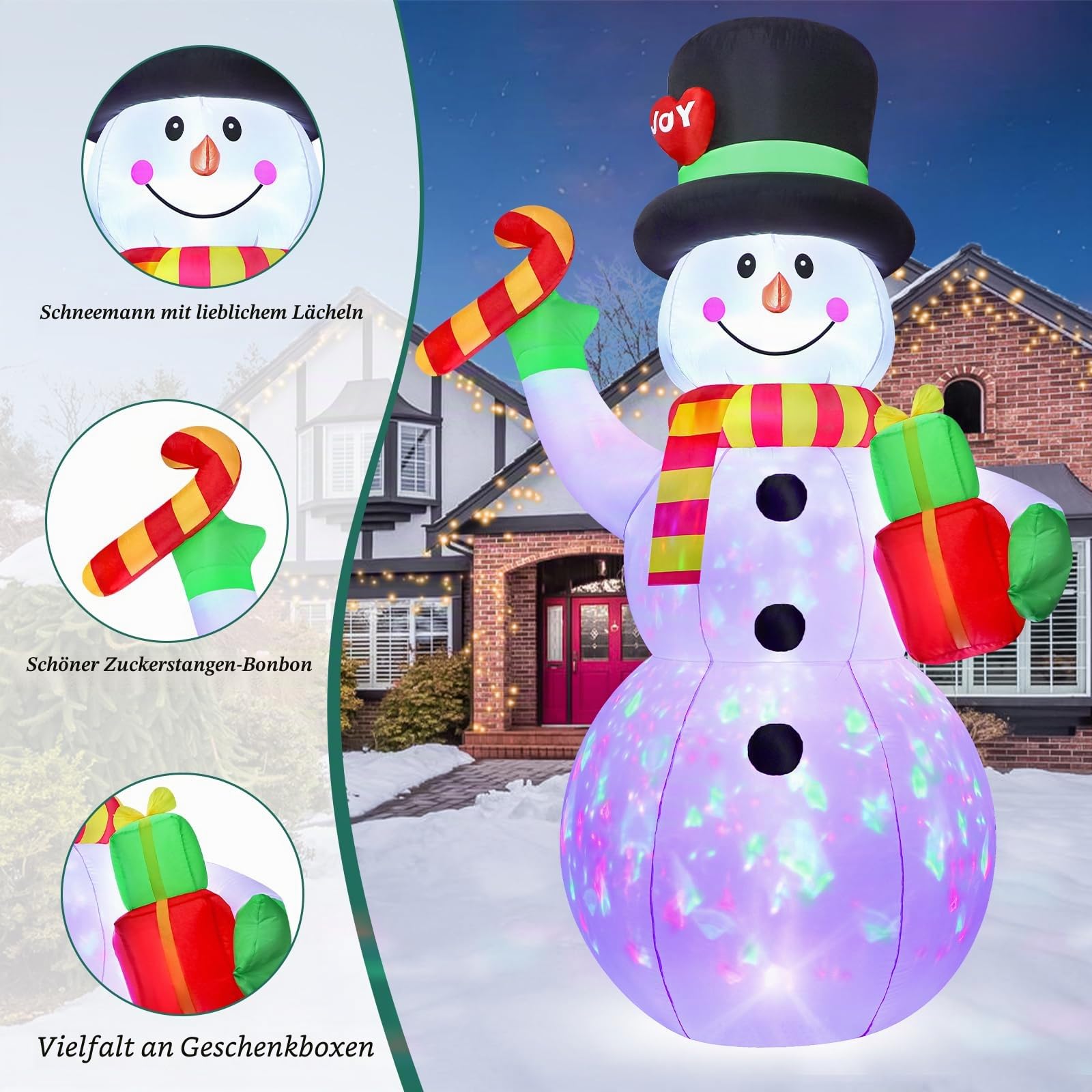 2,13 m Aufblasbarer Schneemann mit Rotierenden Bunten LED-Lichtern | Weihnachtsdeko für Außenbereich mit integriertem Gebläse | Wasserdicht & Sturzsicher für Gärten, Hof und Weihnachtsmärkte