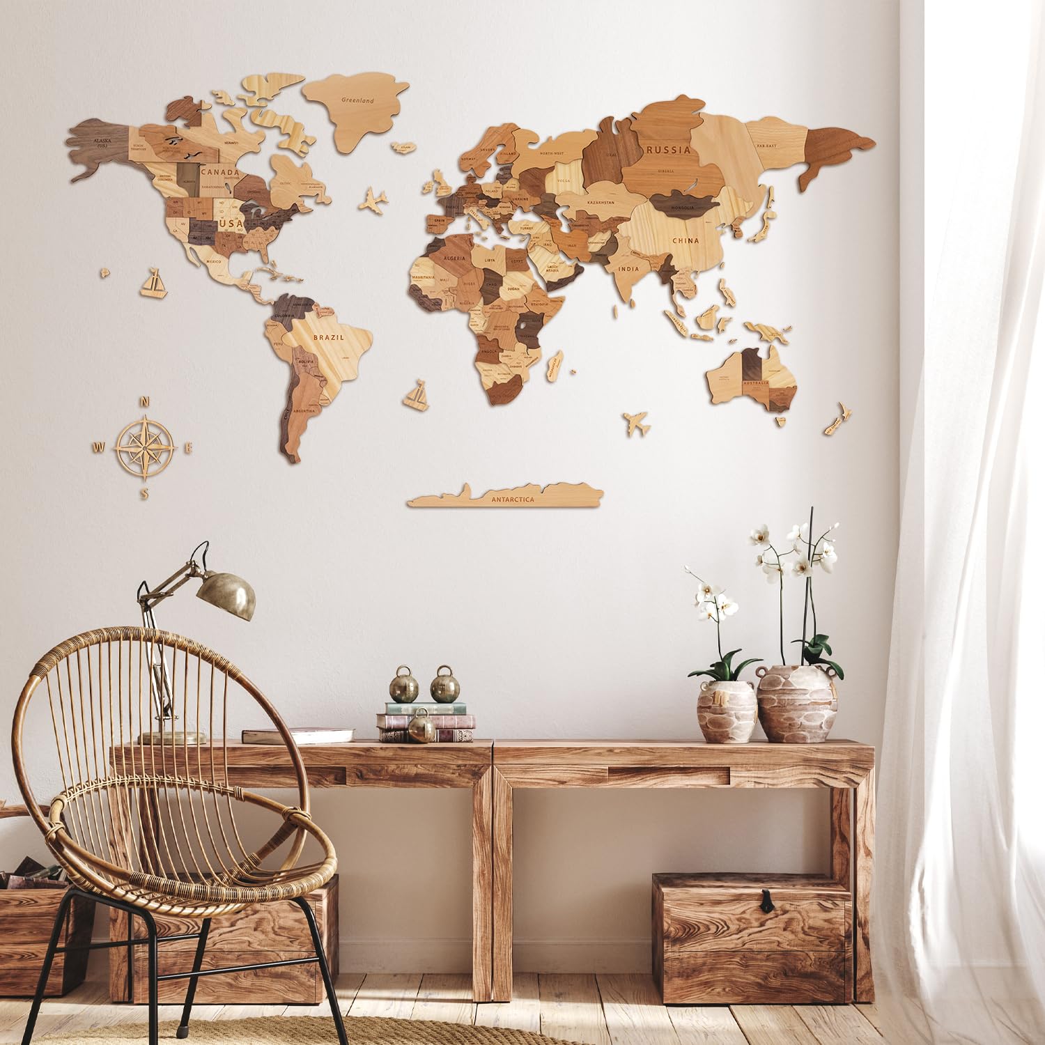 Creawoo Mapa del Mundo 3D de Madera para Decoración de Pared, Grande Mapamundi Maciza Natural Multicapa Arte de Pared para Oficina Sala de Estar Dormitorio, Mapamundi de Viaje de Madera-200x114cm
