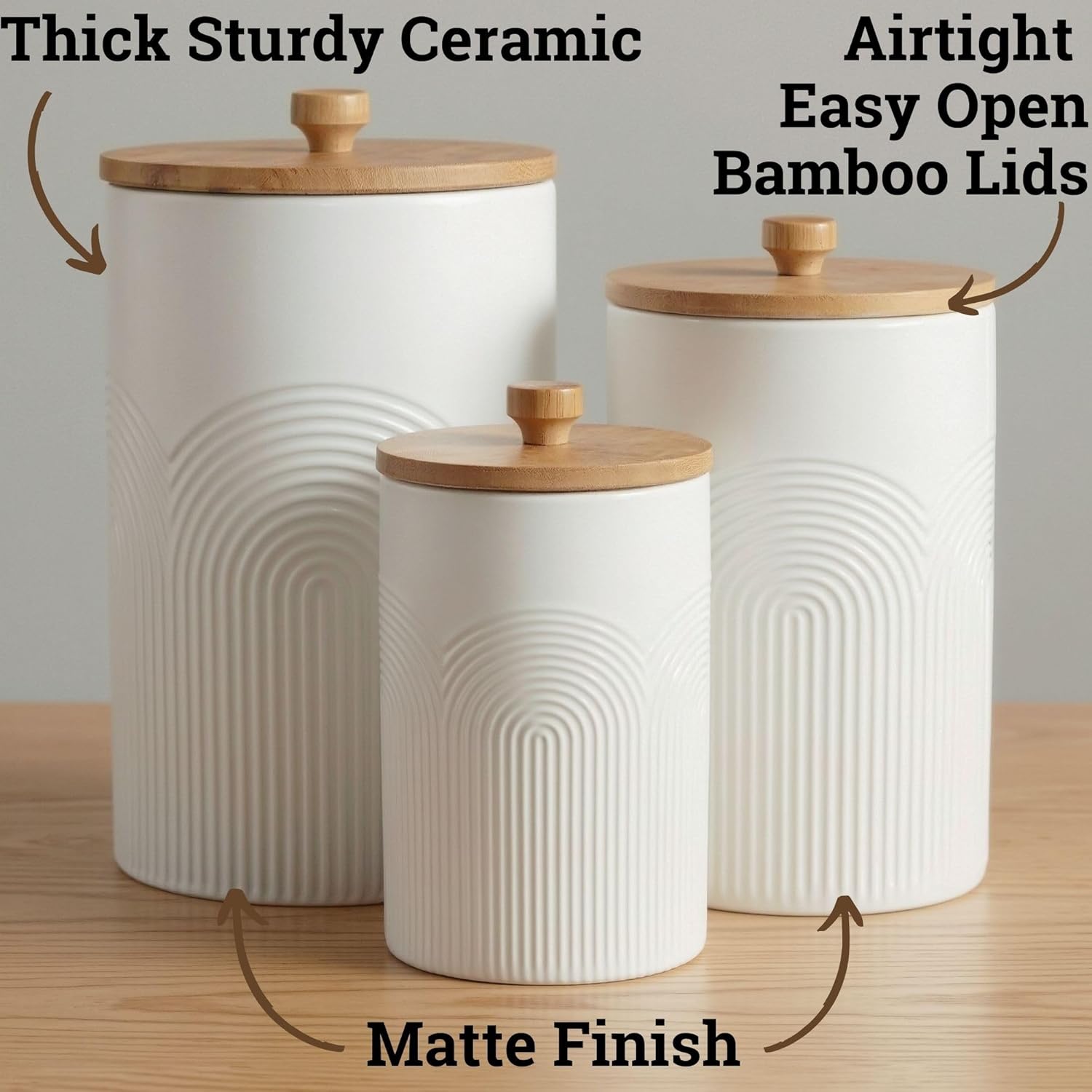 Ceramic Kitchen Canisters for Countertop Set of 3 with Airtight Bamboo Lids - White Kitchen Canisters with Airtight Lids - Flour Sugar Canister Set - Flour and Sugar Containers Farmhouse - Coffee Jar