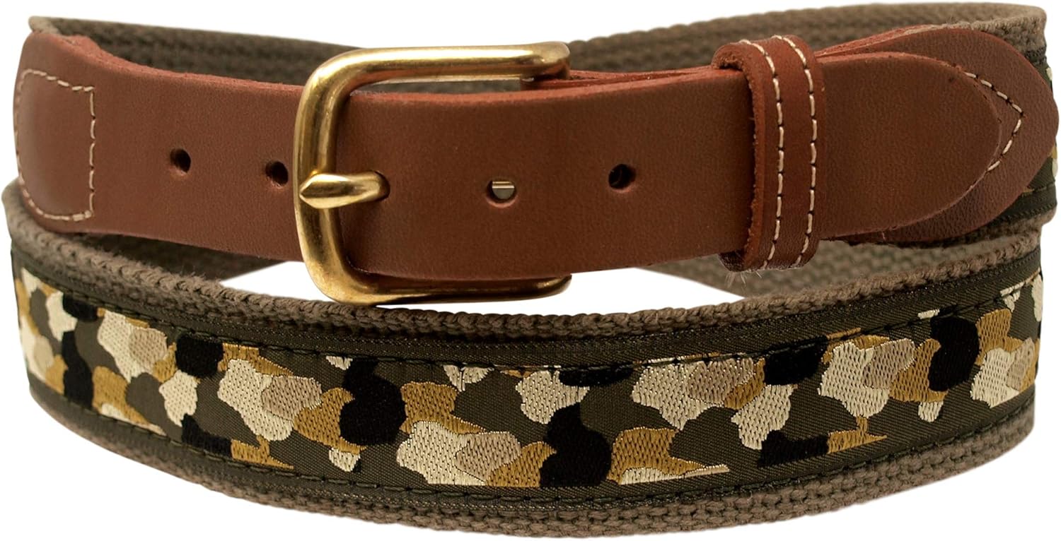 Camo Belt, Leather Tip, Brass Buckle, Camouflage Pattern on olive drab Webbing