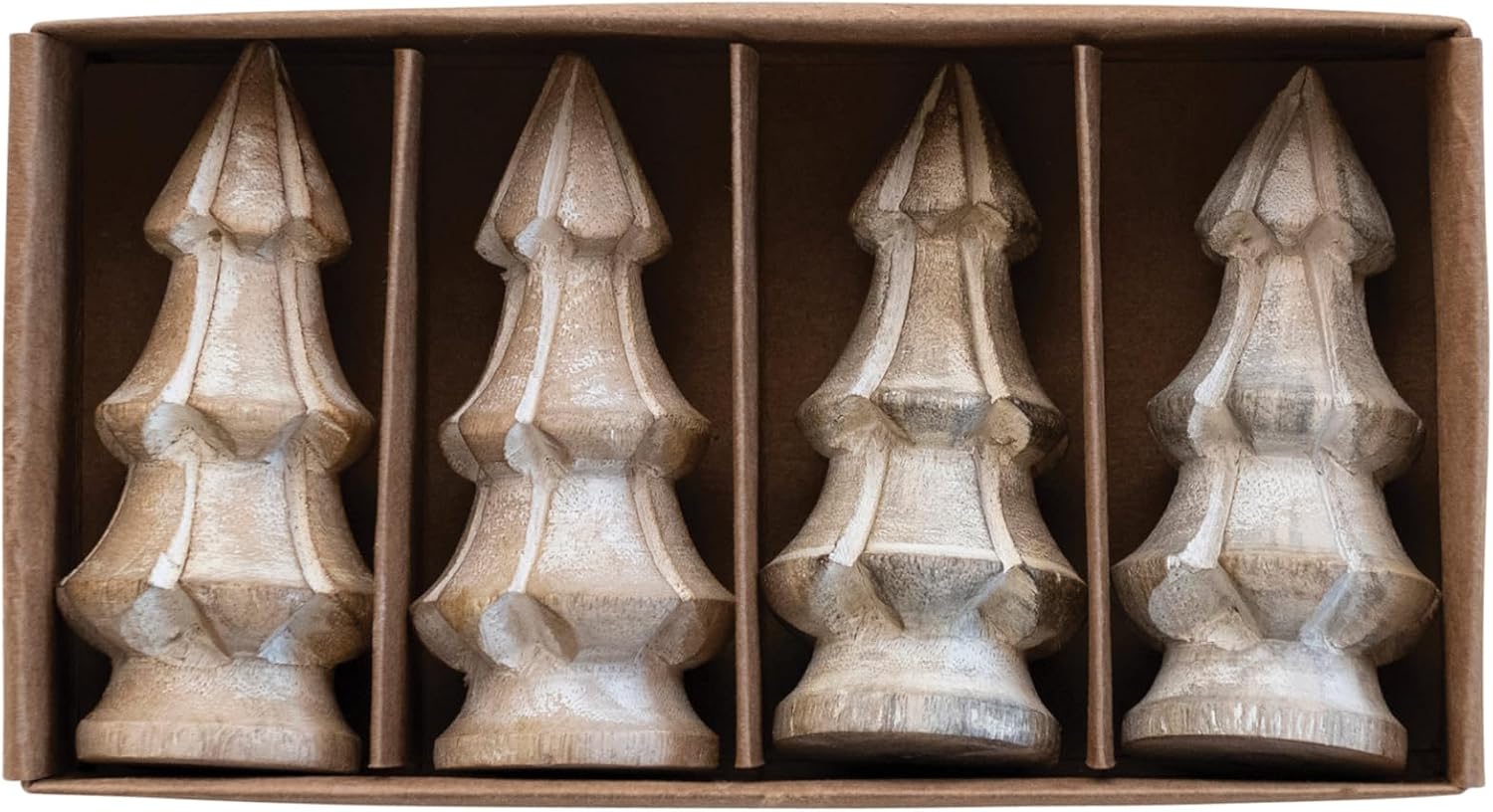 Creative Co-Op Carved Mango Wood Christmas Trees, White, Set of 4
