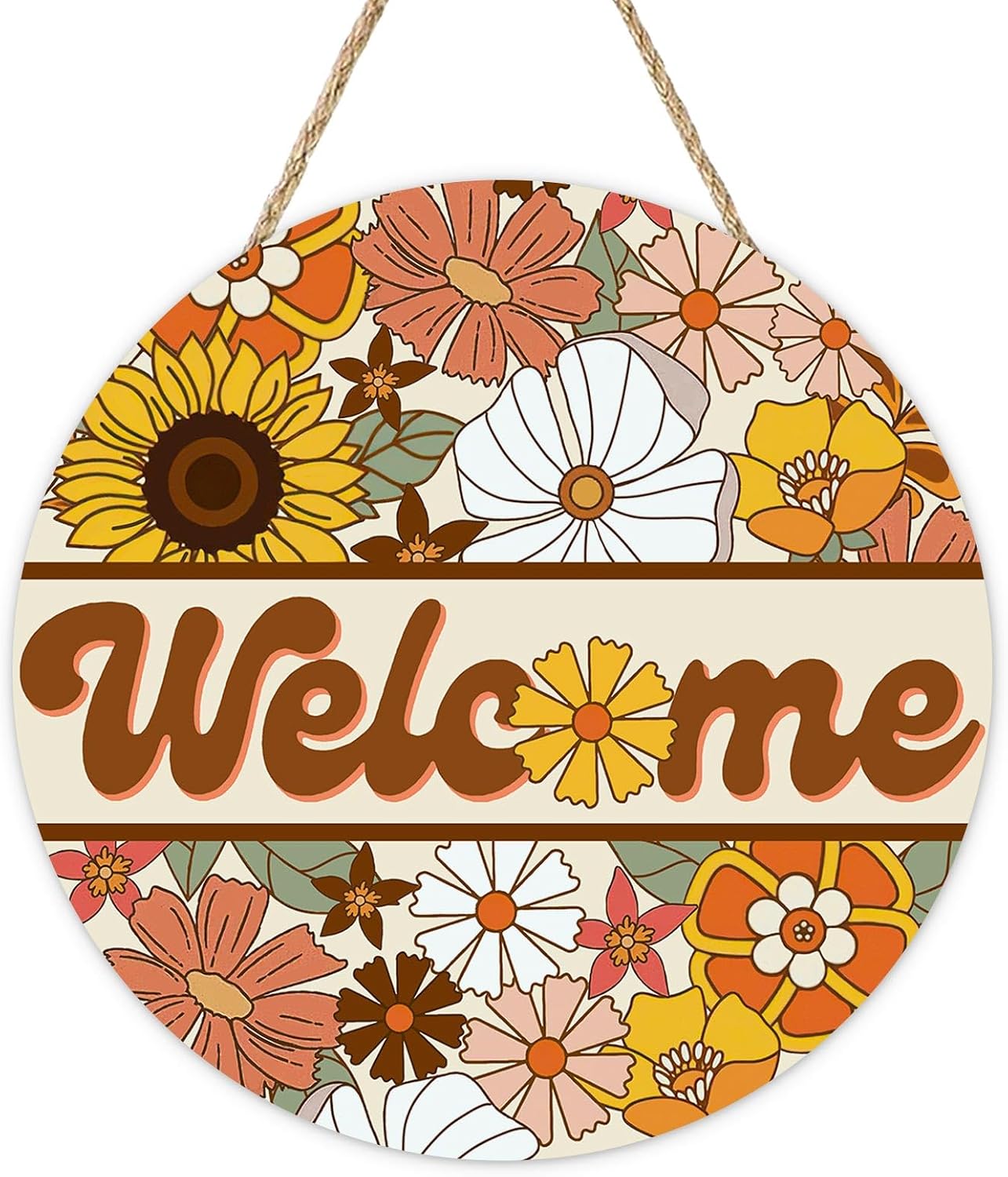 Stay Groovy Hippie Bus Front Door Sign, Retro Hippy Daisy Flower Wood Plaque Hanger Outdoor Porch Home Decor, Vintage 60s 70s Birthday Party Wooden Wreath Indoor Wall Hanging Decoration