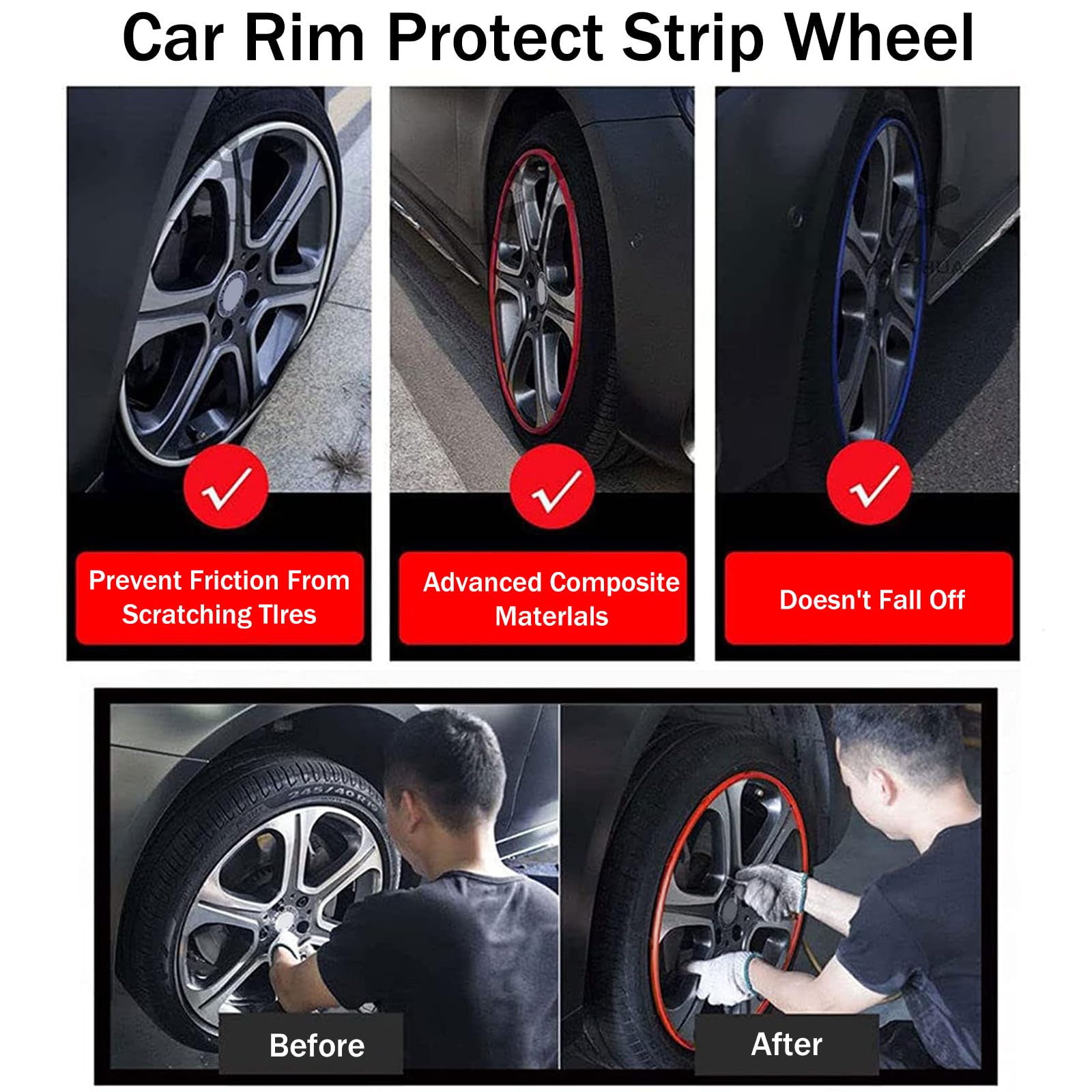 Jantes De Roue De Véhicule De Voiture (16-20 Pouces), Anneau De Protection en Quatre Pièces, Bande Décorative en Nylon Anti-Rayures, Protecteurs De Jantes pour Toutes Les Voitures,19Inch,Red