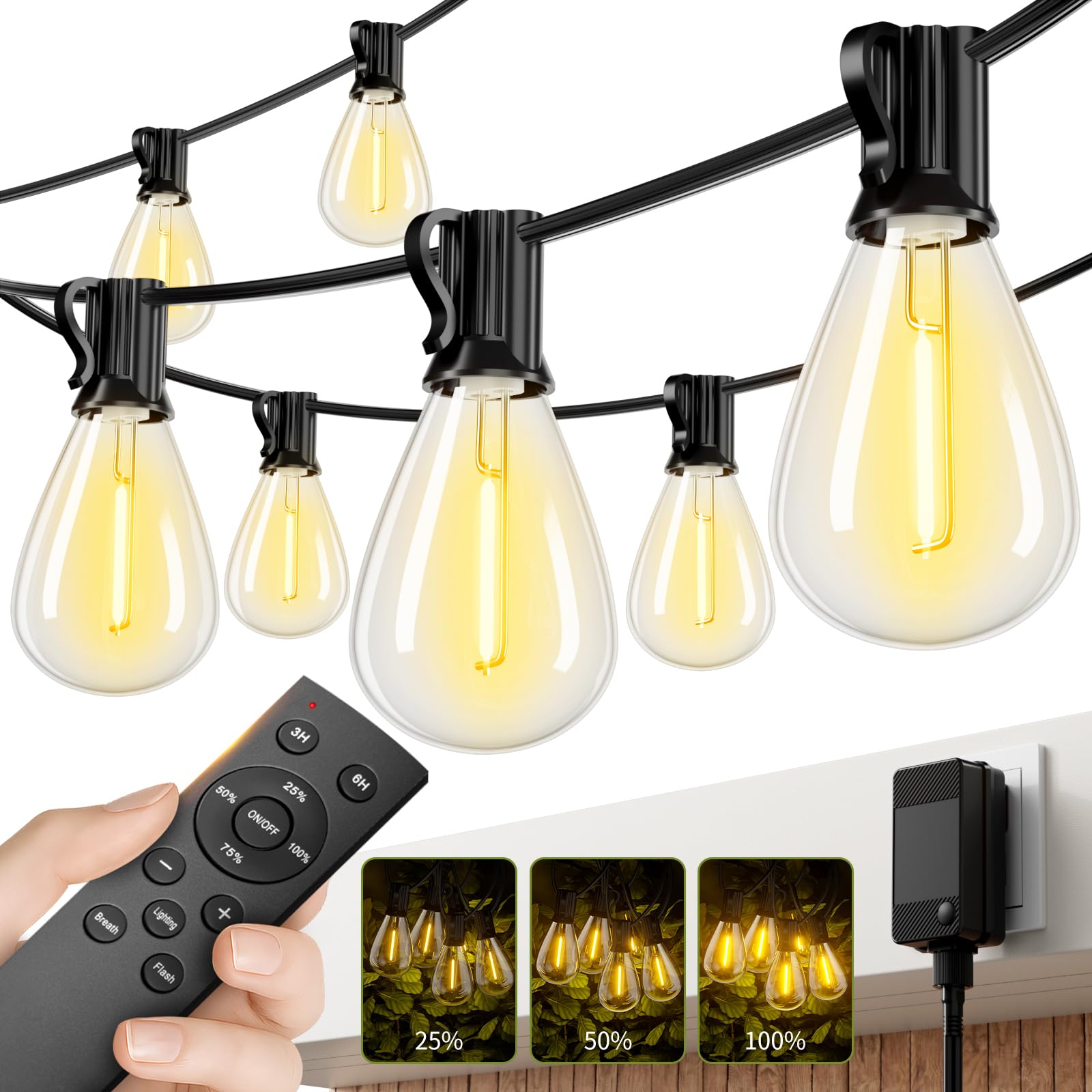 Sikitul 50FT Outdoor String Lights with Remote & Dimmable, 18+1 Shatterproof Waterproof Bulbs, Dimmable Outside Hanging Patio Lights for Backyard, Porch, Deck, Garden 2200K Warm Yellow — view 11
