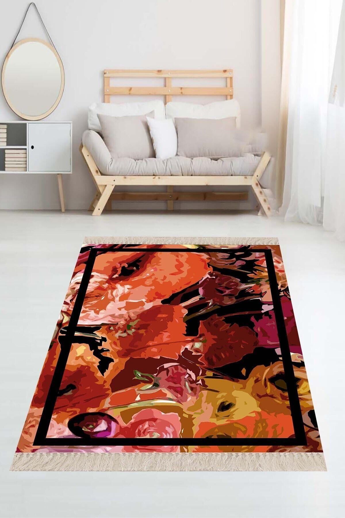 On The Clouds Gelincik Çiçek Batik Model Dijital Baskı Yıkanabilir Kaymaz Taban Modern Salon Halısı ve Yolluk MEG1992, 120 x 180