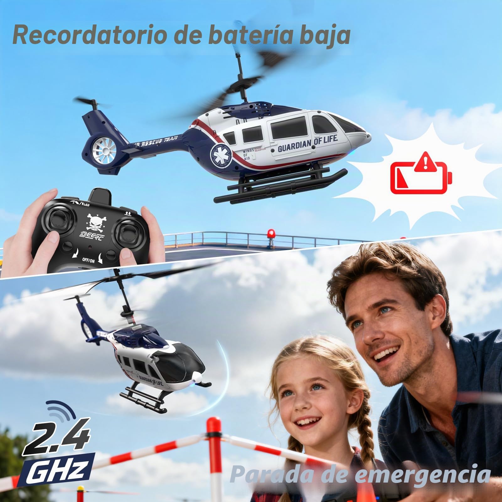 DEERC Helicóptero Teledirigido para Niños, RC Militar de Rescate con Mantenimiento de Altitud, Despegue/Aterrizaje con una Tecla, Luz LED, Alerta de Batería Baja, Regalo para Niños