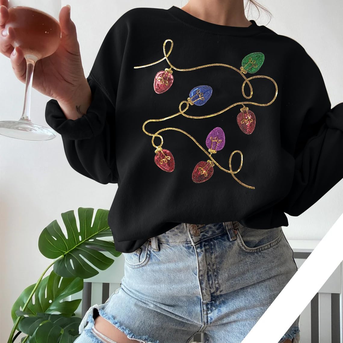 BANGELY Christmas Sequin Sweatshirt Women Christmas Light Sweatshirts Xmas Long Sleeve Shirts Holiday Crewneck Pullover Tops - Image 5
