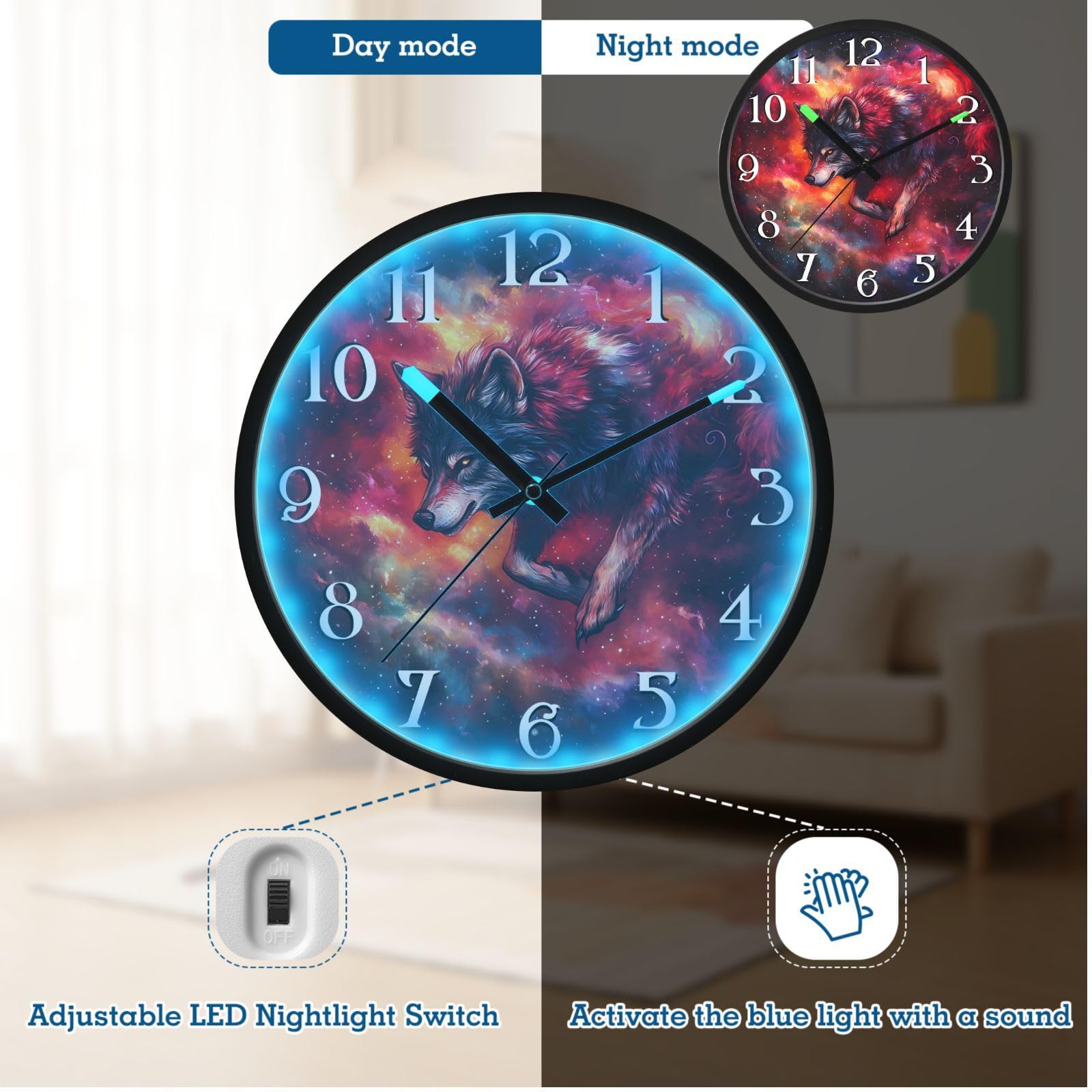 Mnsruu Reloj de pared luminoso con diseño de galaxia y cielo estrellado, funciona con pilas, silencioso, brilla en la oscuridad, para sala de estar, cocina, 30,5 cm