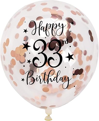 Globos de látex con confeti número 33 de oro rosa, decoración de globos de fiesta de cumpleaños de 33 años con confeti, 12 pulgadas, paquete de 16
