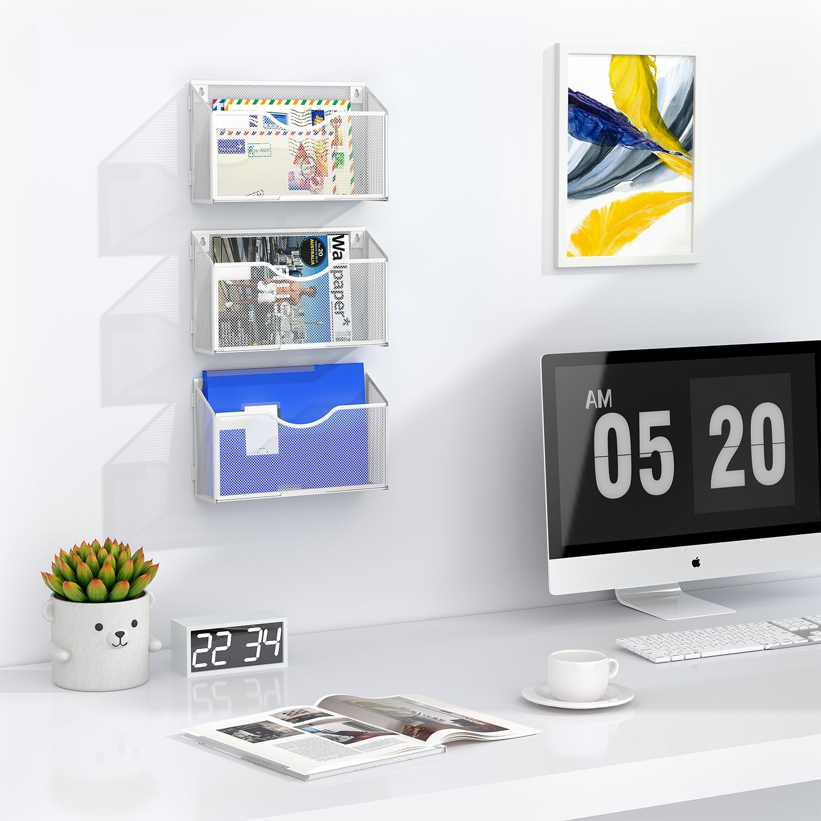 EasyPAG Metall Querformat A4 Zusammensetzen Zeitschriftenhalter Wand Zeitschriften Wandhalter Aktenablage Dokumentenhalter Hängend Magazin Organizer mit Tag-Platte,3er-Pack,Weiß