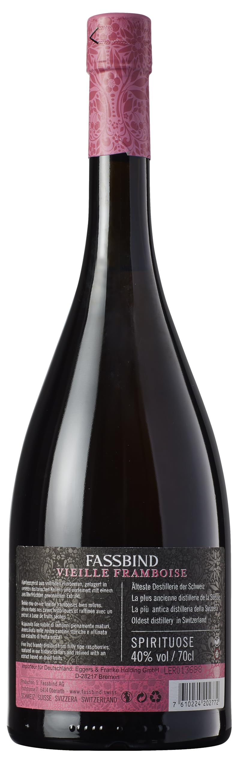 Fassbind Vieille Framboise (1 x 0.7 l) - Edler Schweizer Geist aus vollreifen Himbeeren mit 40% vol. Alkohol | 700 ml (1er Pack)
