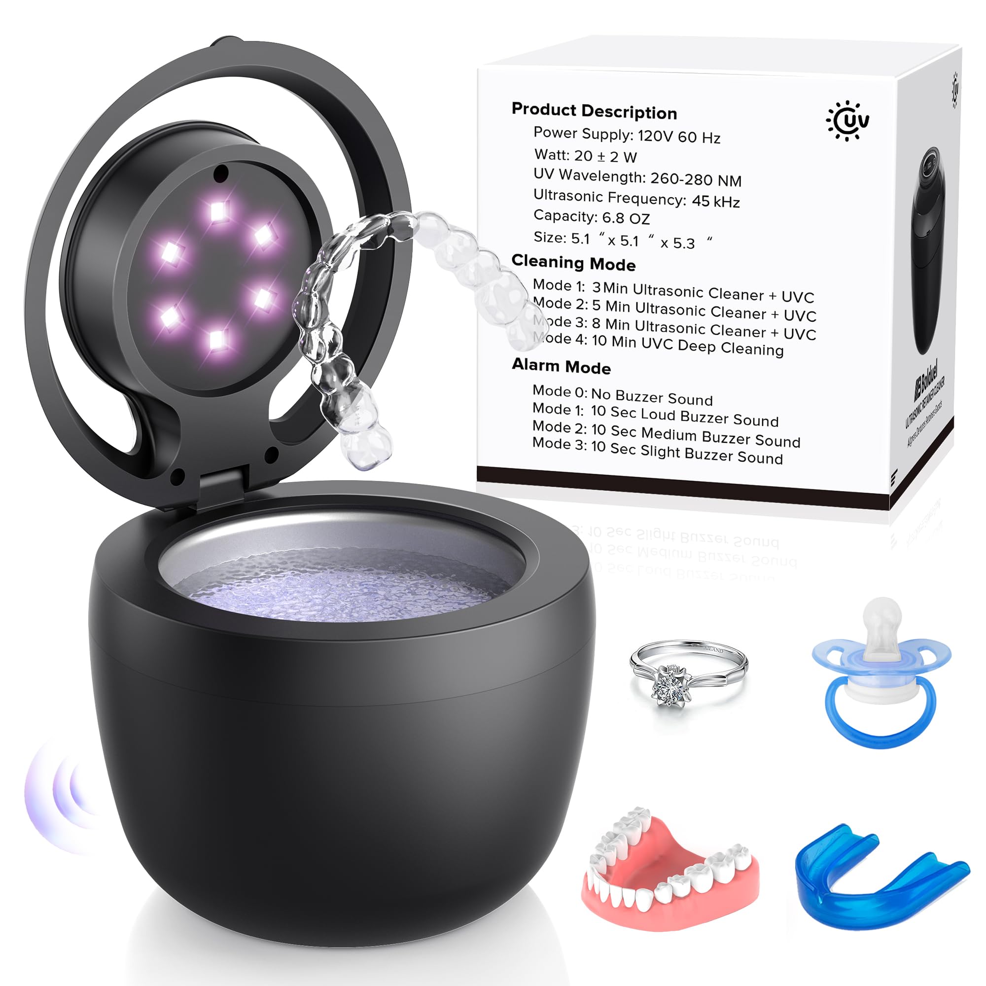 2025 Upgraded Ultrasonic Retainer Cleaner Machine with 𝟔 𝐔/𝐕 Lights, 𝐁𝐮𝐳𝐳𝐞𝐫 Alarm, 45kHz Denture Cleaner, Mouth Guard Cleaner, Night Guard