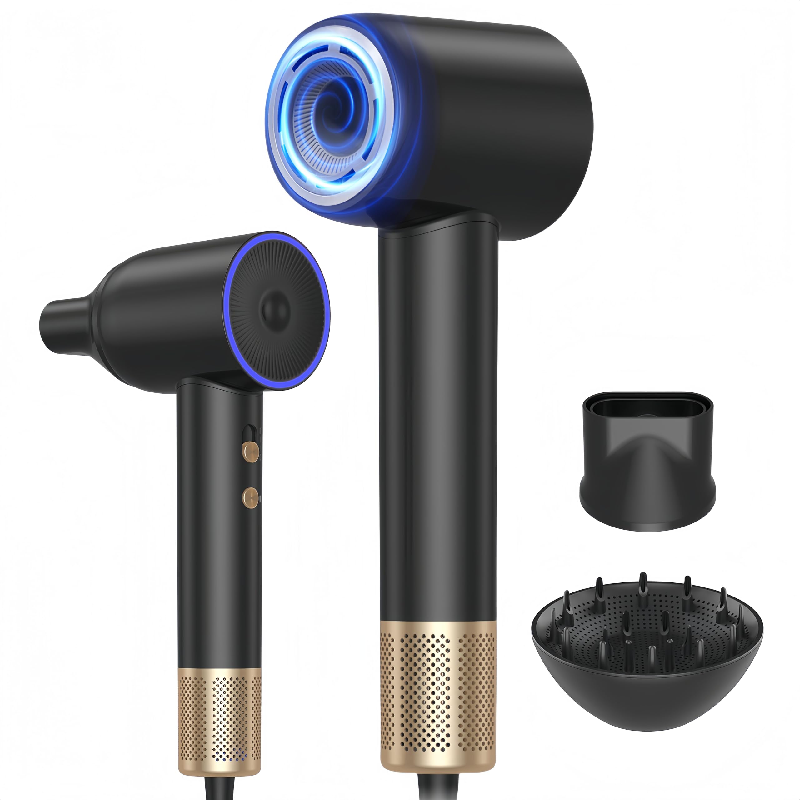 Pro Secador de Pelo con Difusor 110.000 U/min de Alta Velocidad 150 Millones Iones Profesional Conjunto de Secador Pelo con Concentrador Boquilla y Difusor, 1600W, Negro/Oro