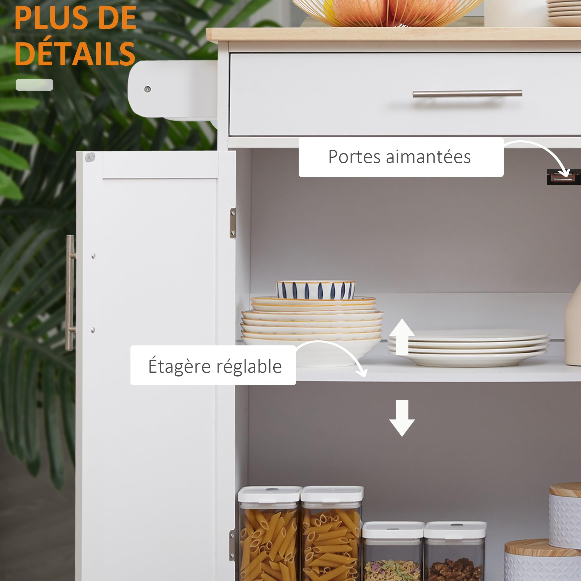 HOMCOM Desserte de Cuisine sur roulettes Chariot de Service Ilot de Cuisine avec tiroir de Placard et Porte-torchons - 83l x 45P x 91,5H cm Blanc