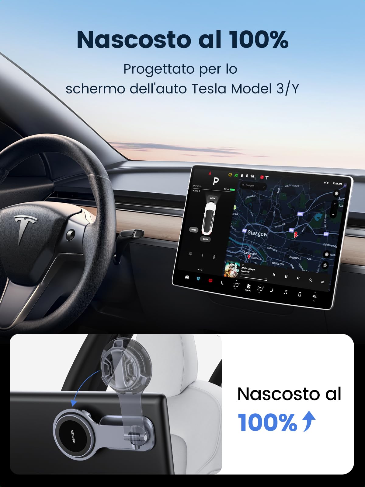 UGREEN Caricatore Magnetico Wireless da Auto per Tesla Model 3/Y/S/X 2021, Supporto per il Touchscreen Compatibile con iPhone 16, 15, 14, 13, 12 Magsafe Serie