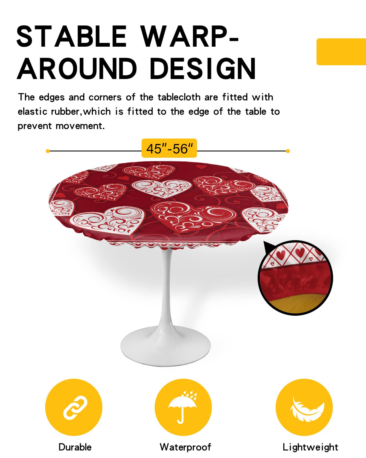 ZFUNCING Valentine's Day Round Fitted Tablecloth - Waterproof, Elastic Edge, Fits 36-44in Tables, Hearts Design - View #10