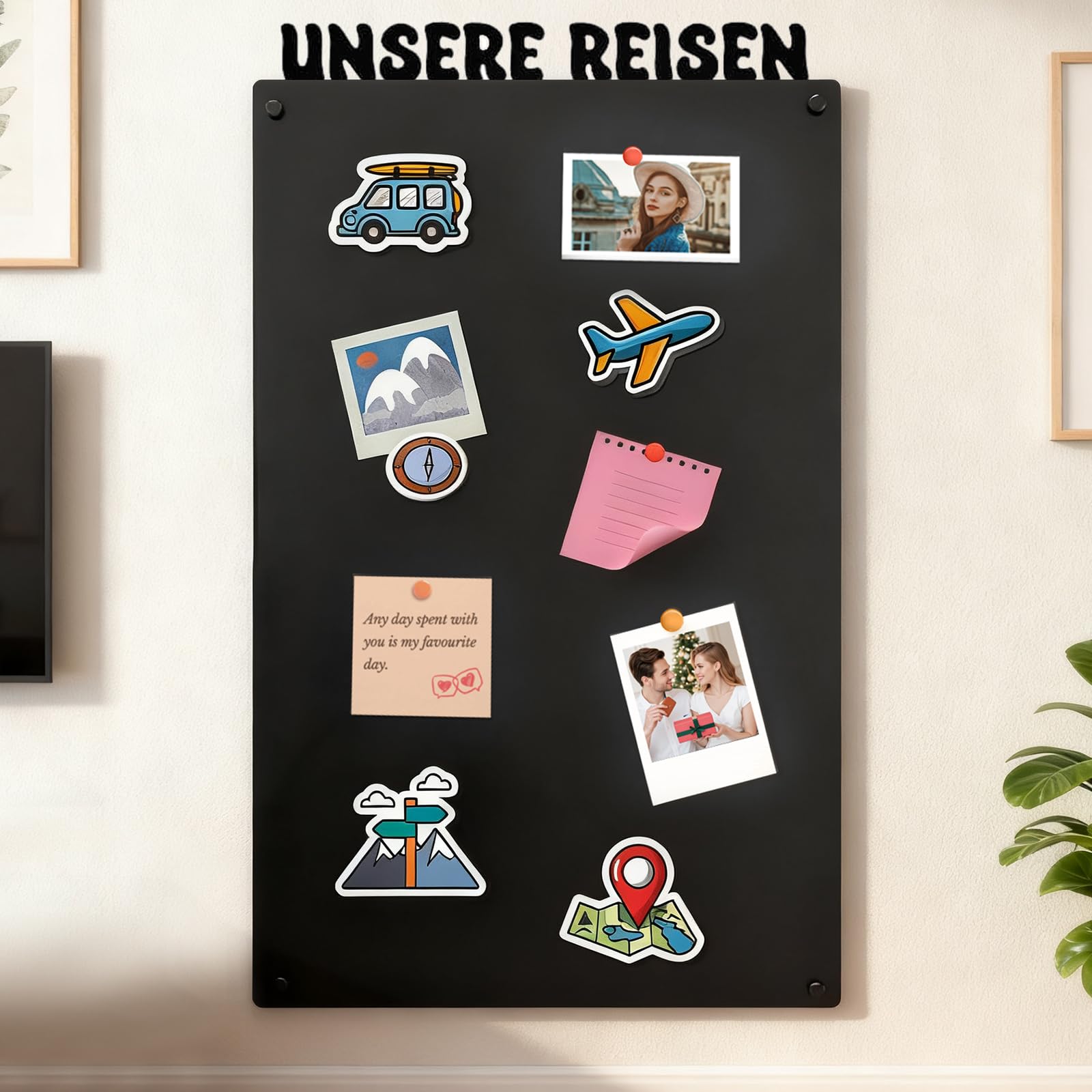 Magnettafel Schwarz 80×50 cm – Magnetwand/Pinnwand magnetisch für Küche, Büro & Kinderzimmer – Memoboard für Fotos, Notizen & Magnete ("UNSERE REISEN")