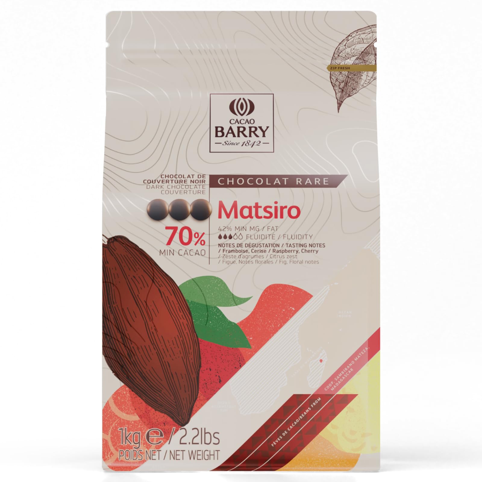 Cacao Barry Matsiro 70% Chocolat Noir de Couverture en Pistoles 1 kg