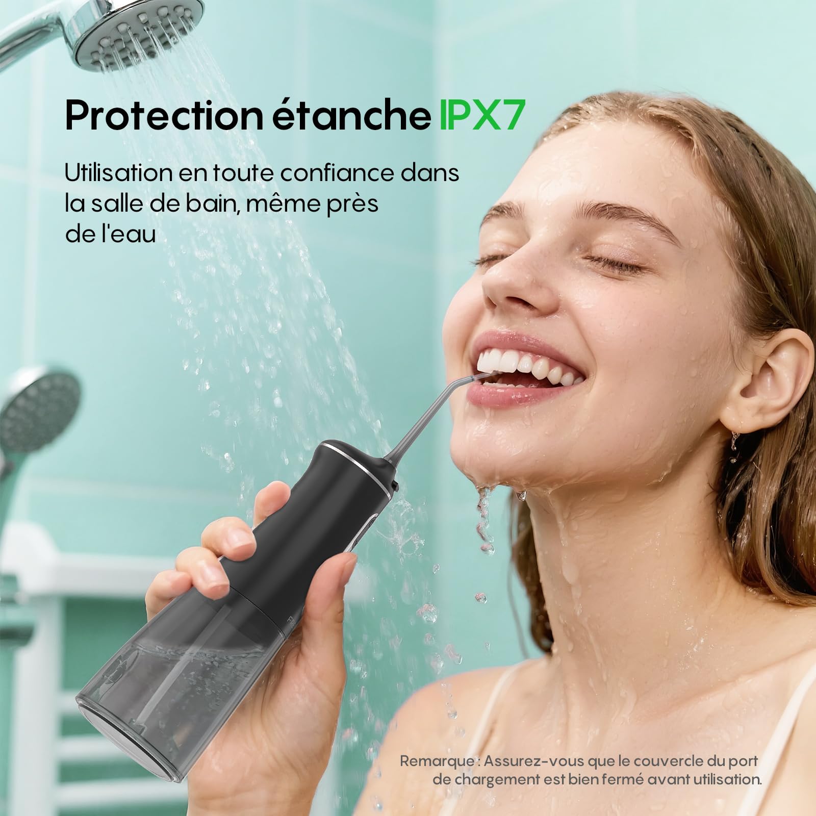 FRESKO Hydropulseur Dentaire, 300ML Irrigateur Buccal avec 4 Modes 45-105PSI, Batterie 2600mAh, Etanche IPX7, 5 Buses pour Appareils Dentaires Et Implants, Nettoyeur Dentaire Portable