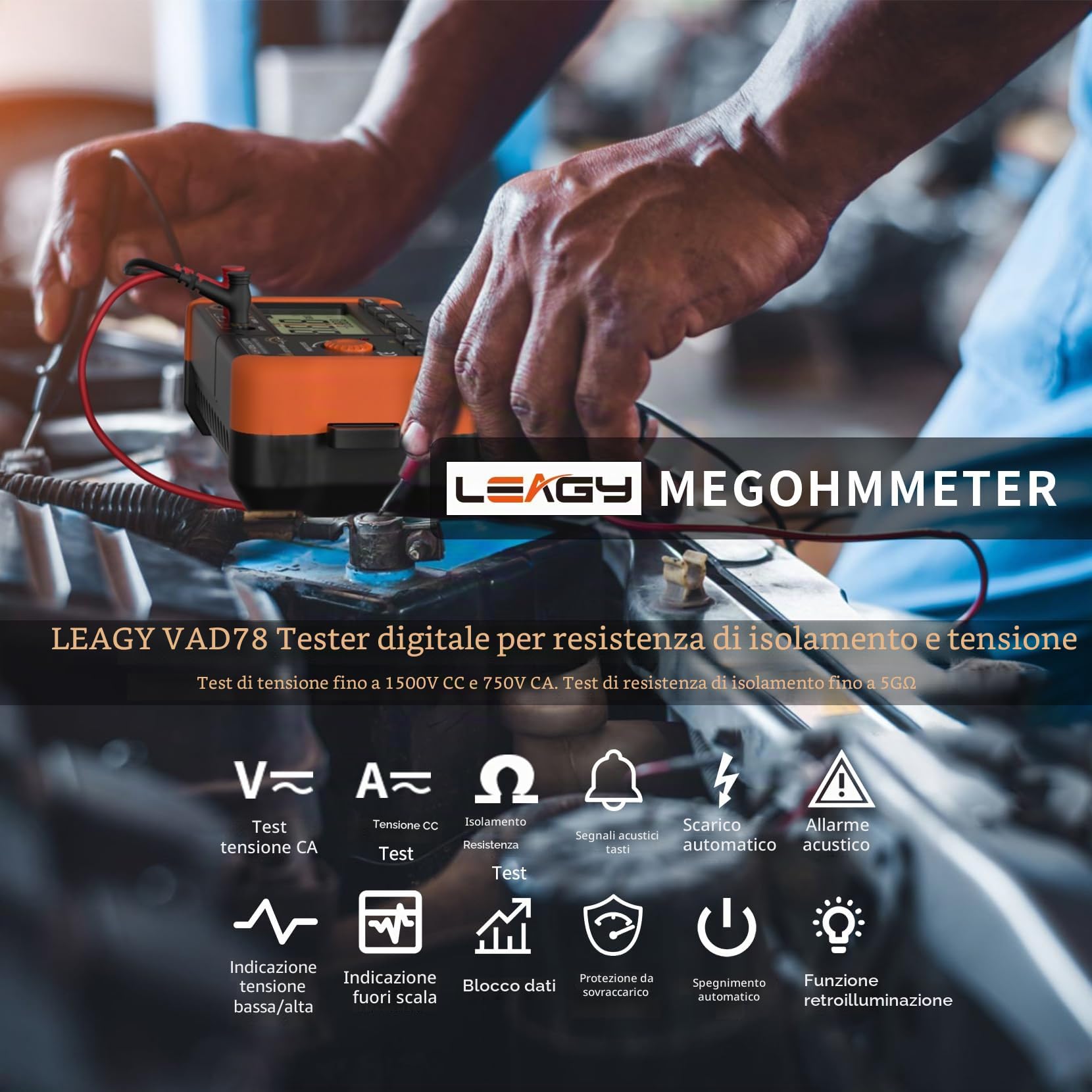 LEAGY VAD78 Tester di resistenza di isolamento digitale - Megohmmetro di precisione per test di tensione DC/AC (20-1500V, 20-750V) e misura della resistenza (0-5000 megaohm)